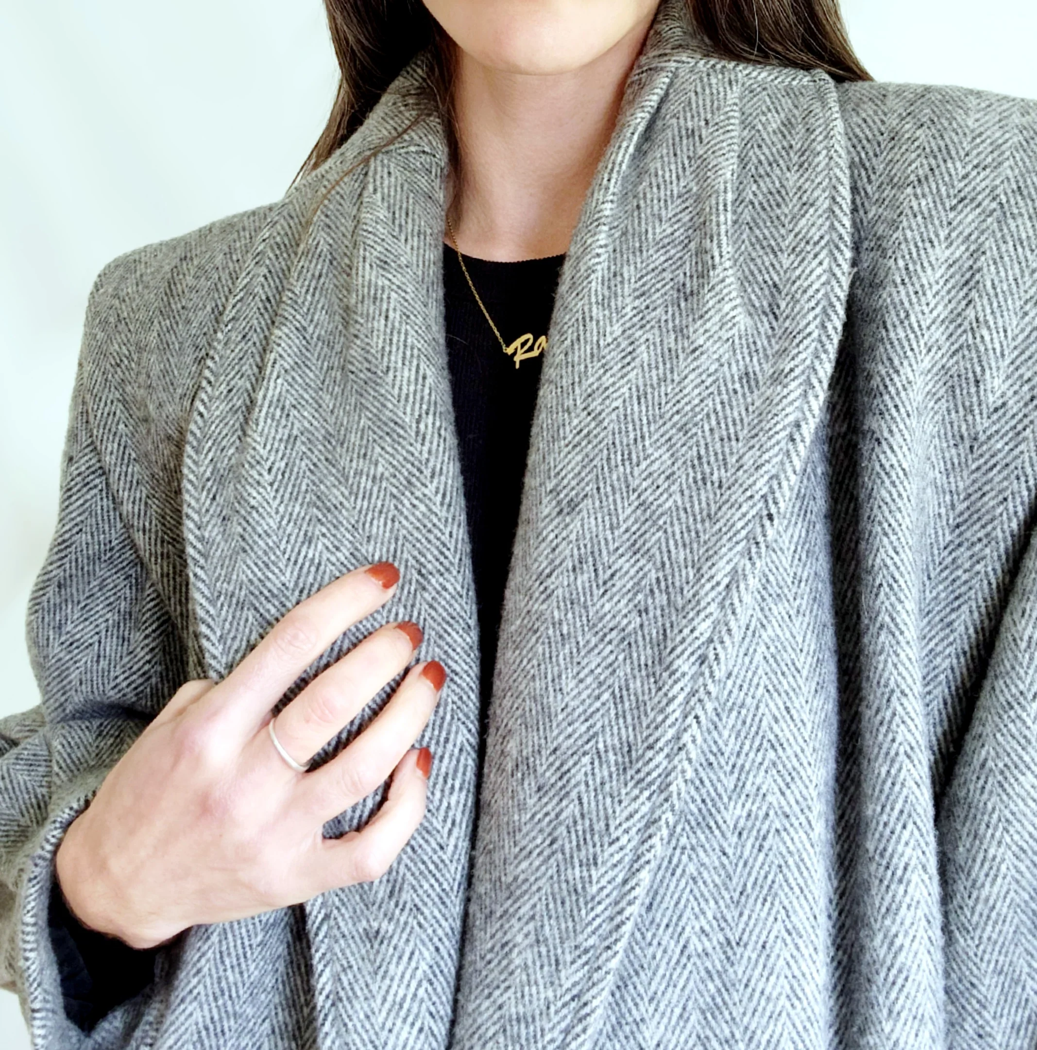 80s Long Herringbone Wool Shawl Collar Winter Coat - Image 4