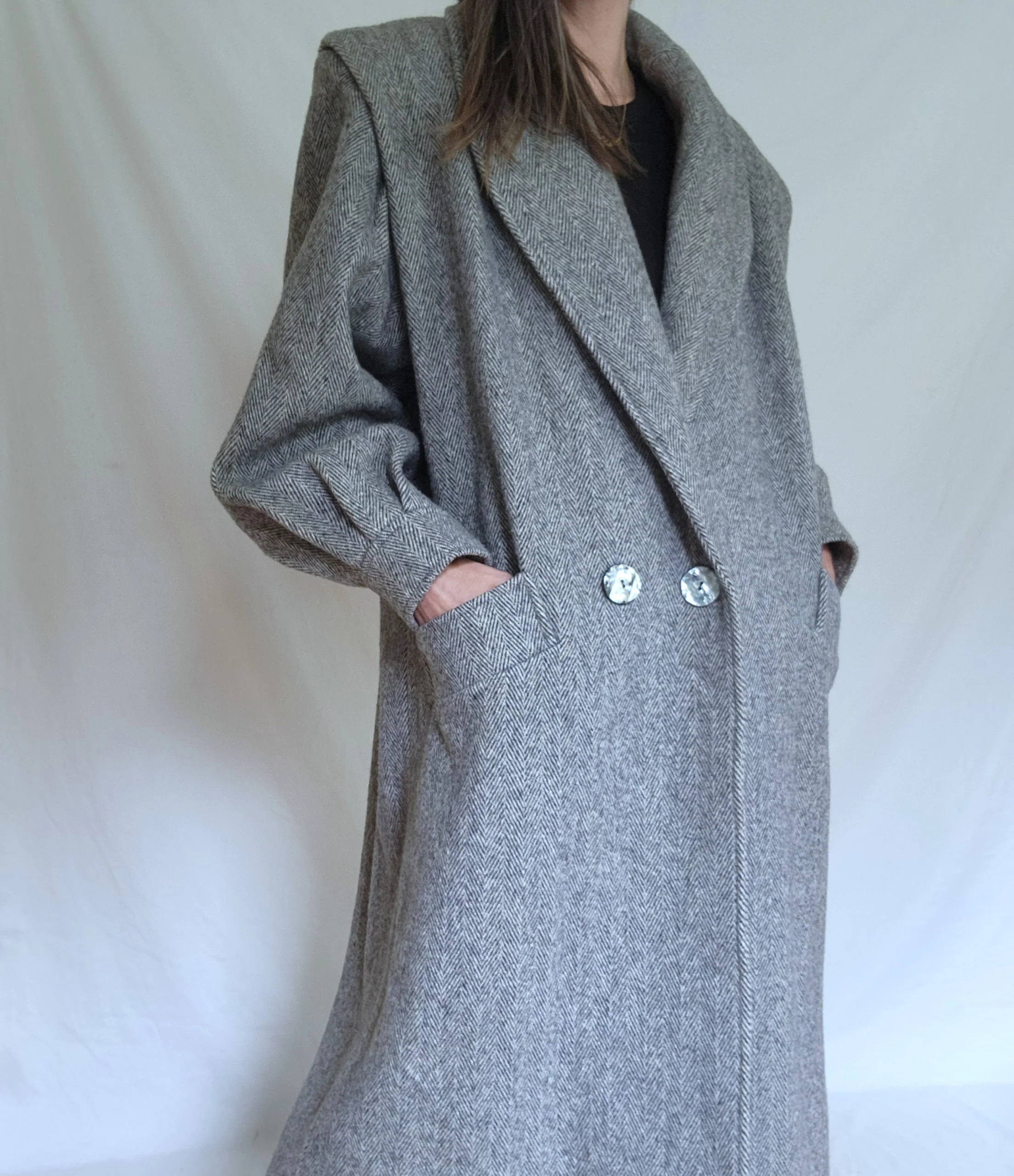 80s Long Herringbone Wool Shawl Collar Winter Coat - Image 7