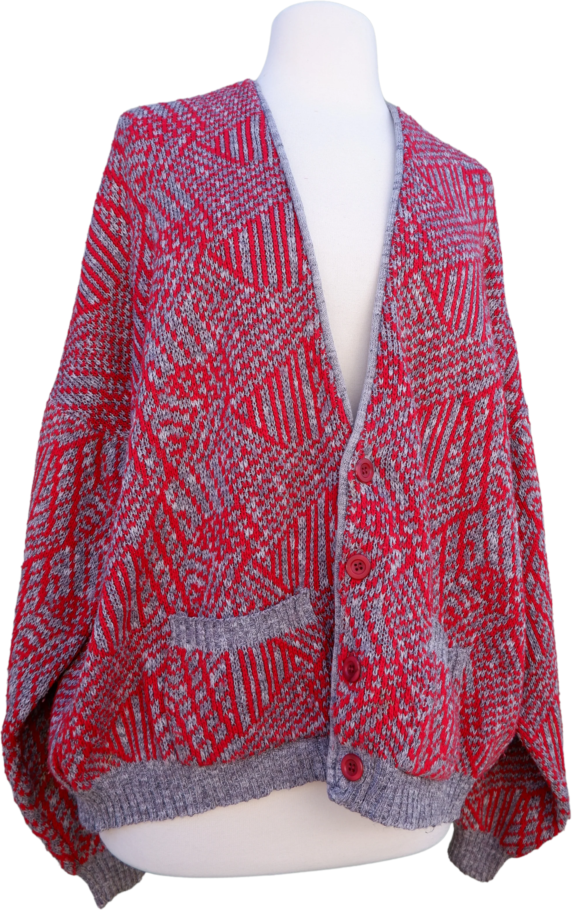 80s Longsleeve Button Down Sweater In Red And Gray
