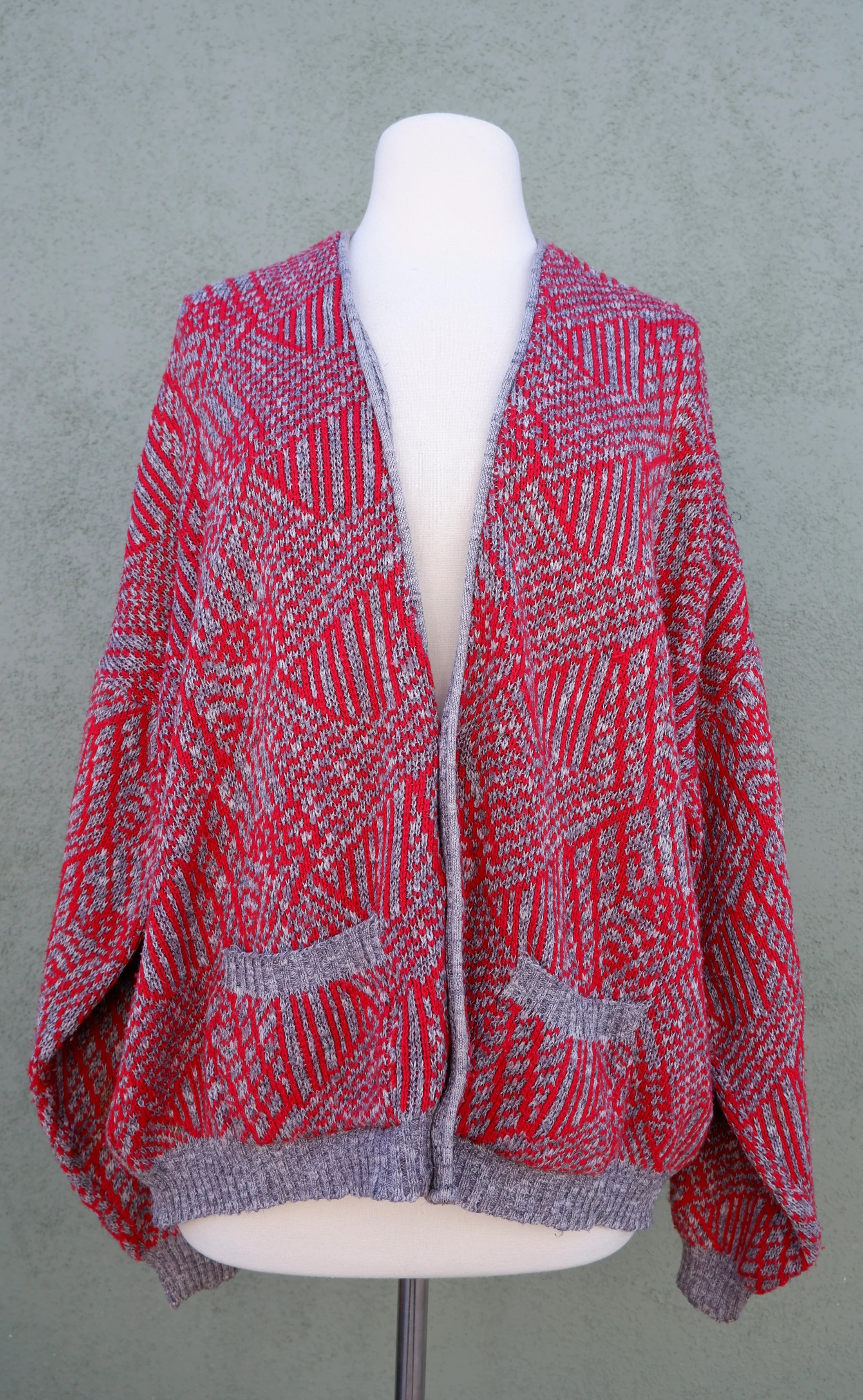 80s Longsleeve Button Down Sweater In Red And Gray - Image 5