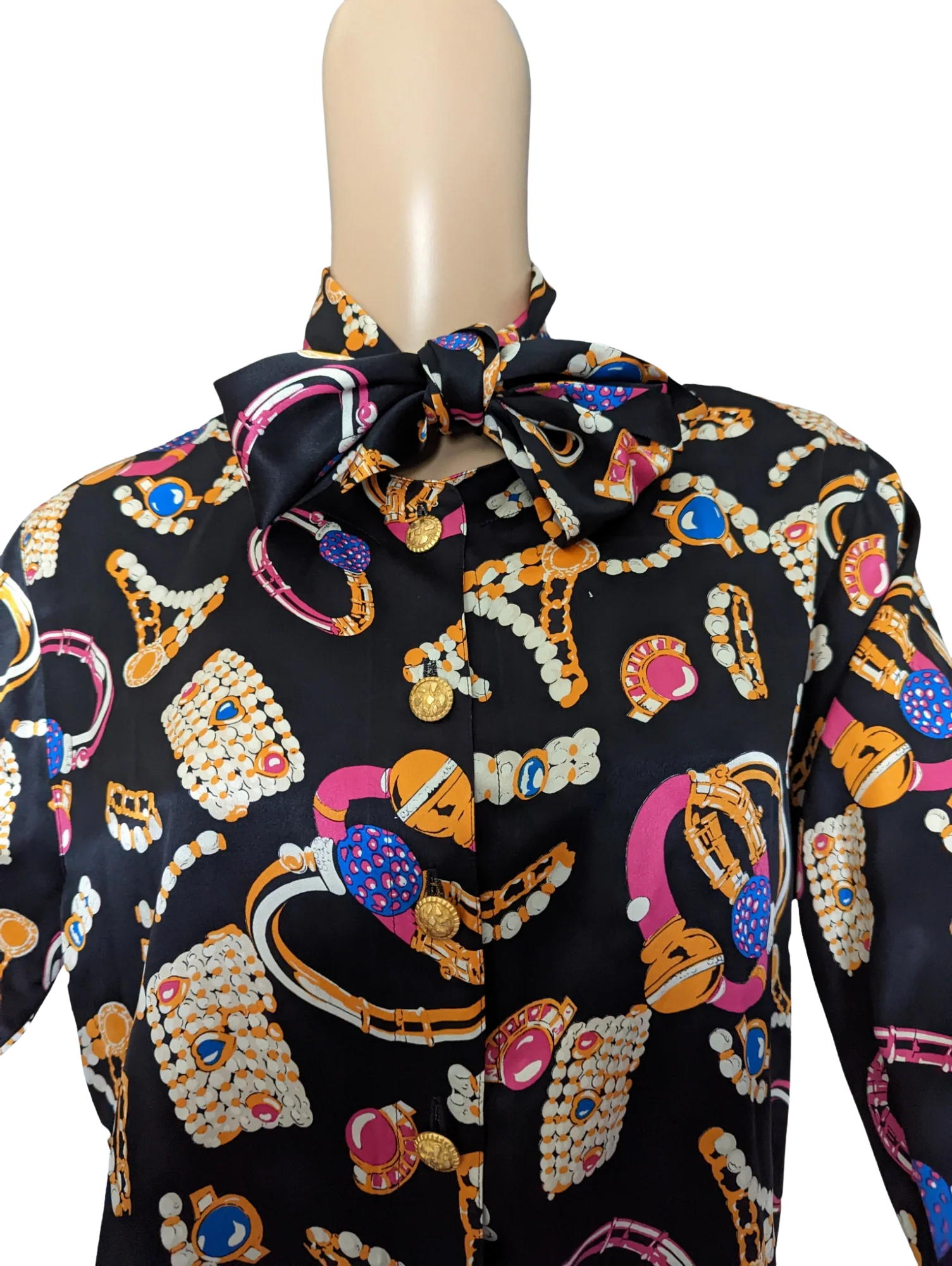 80s Jewelry Print Blouse With Matching Bow By Louis Feraud - Image 2