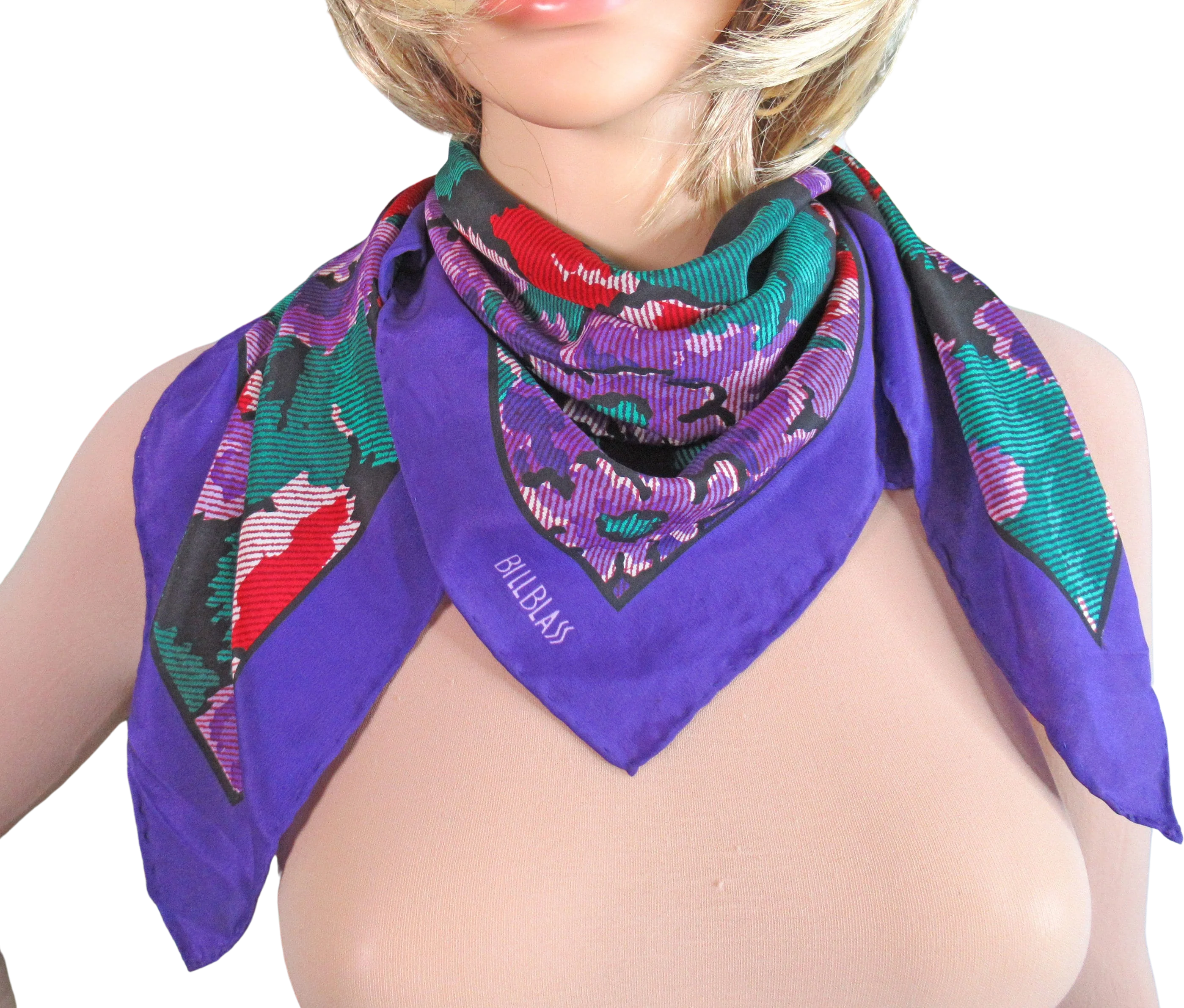80s Lush Silk Scarf Bill Blass 30 Square Colorful Springtime Floral Hand Rolled Hemmed Edges Purple Green Red White Black by Bill Blass