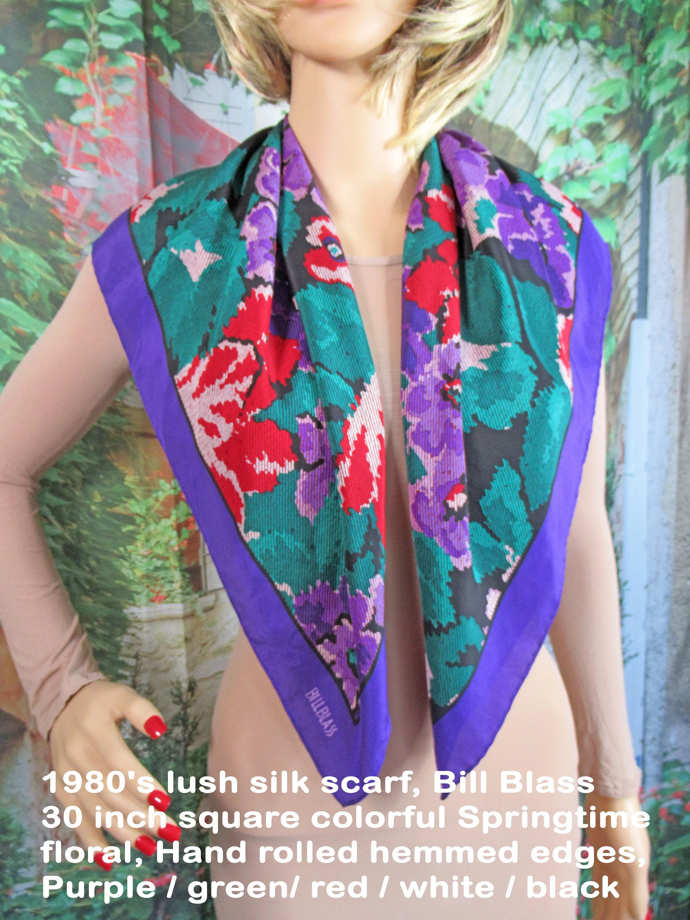 80s Lush Silk Scarf Bill Blass 30 Square Colorful Springtime Floral Hand Rolled Hemmed Edges Purple Green Red White Black by Bill Blass - Image 10