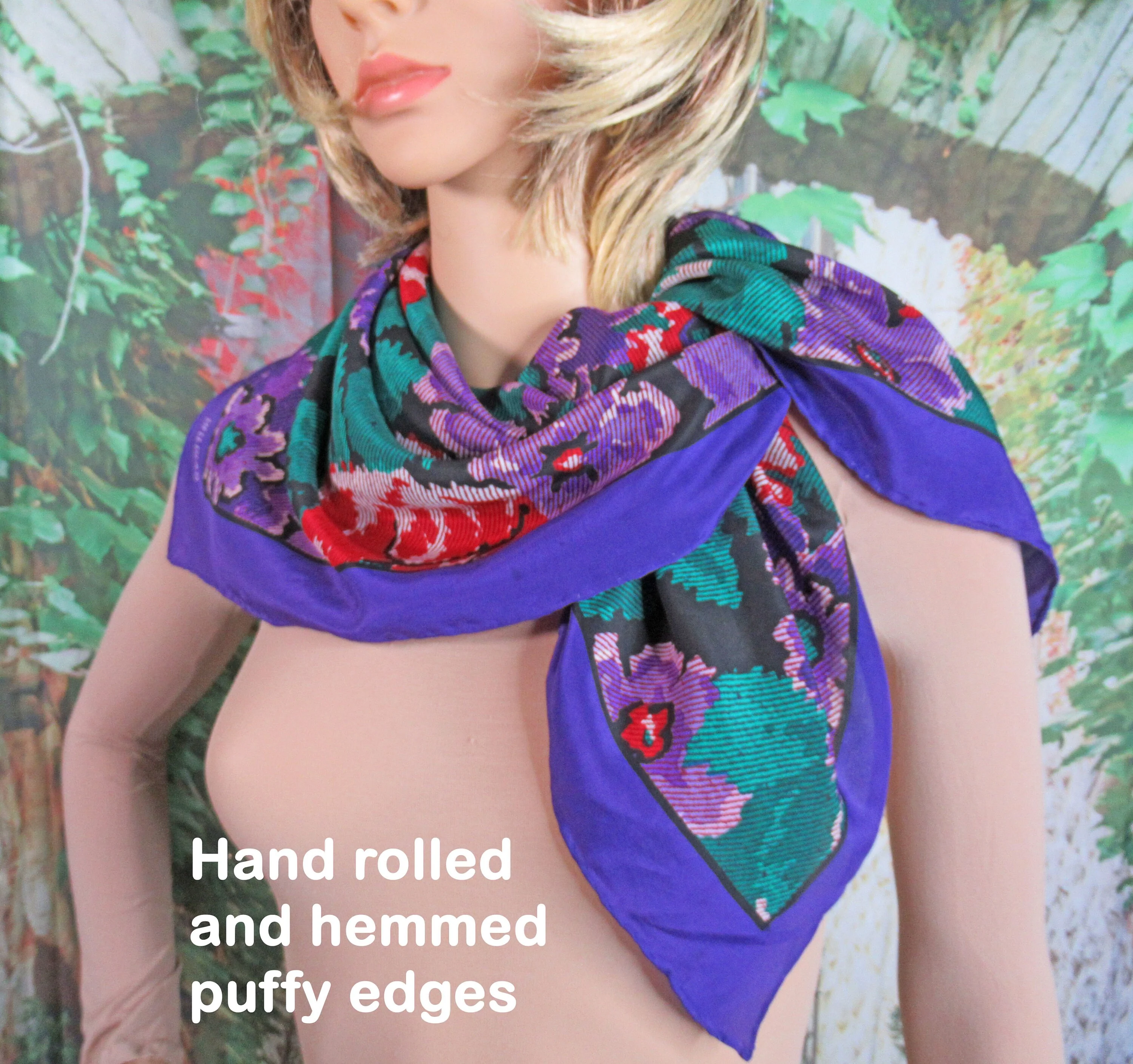 80s Lush Silk Scarf Bill Blass 30 Square Colorful Springtime Floral Hand Rolled Hemmed Edges Purple Green Red White Black by Bill Blass - Image 6
