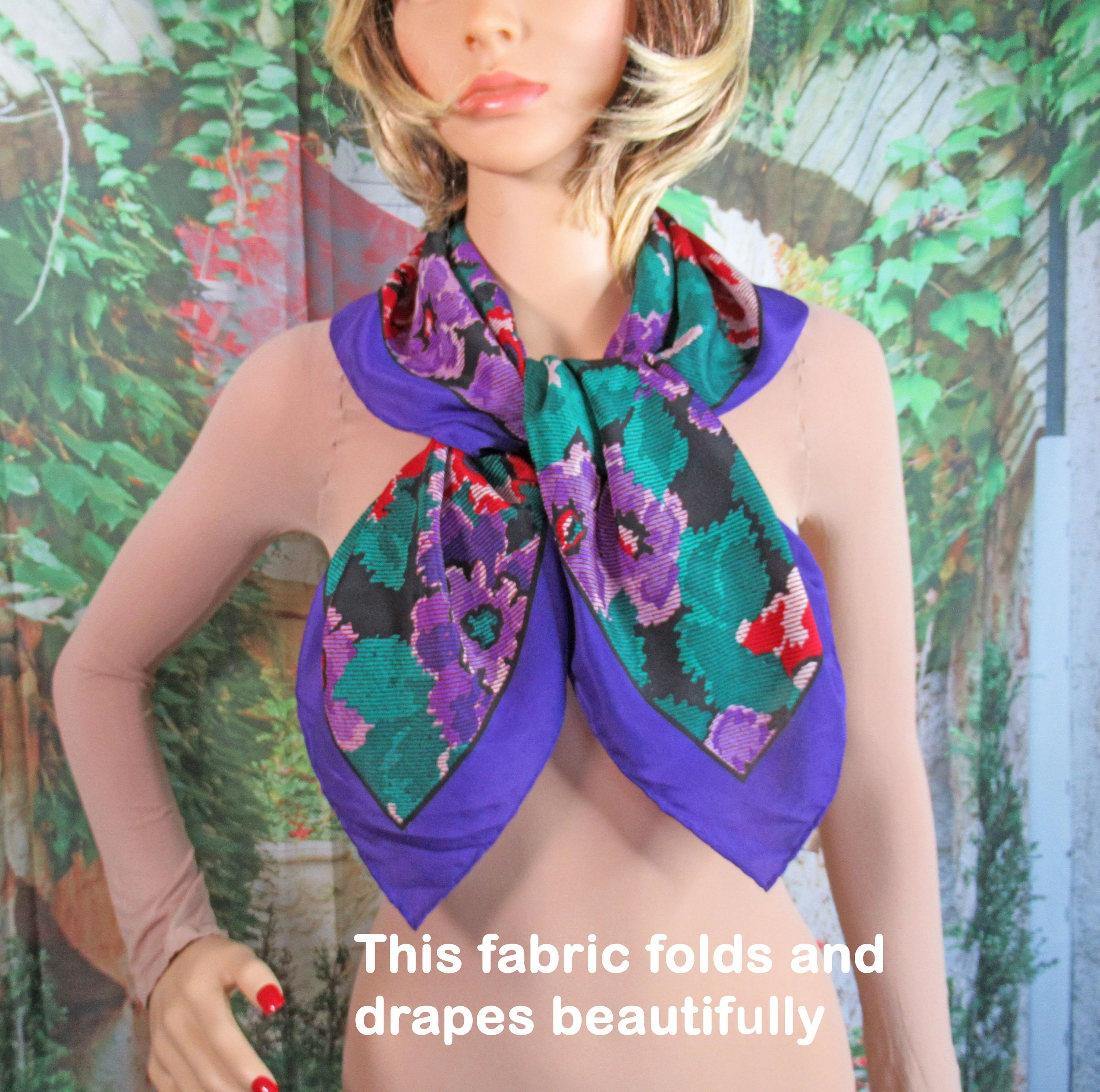 80s Lush Silk Scarf Bill Blass 30 Square Colorful Springtime Floral Hand Rolled Hemmed Edges Purple Green Red White Black by Bill Blass - Image 8