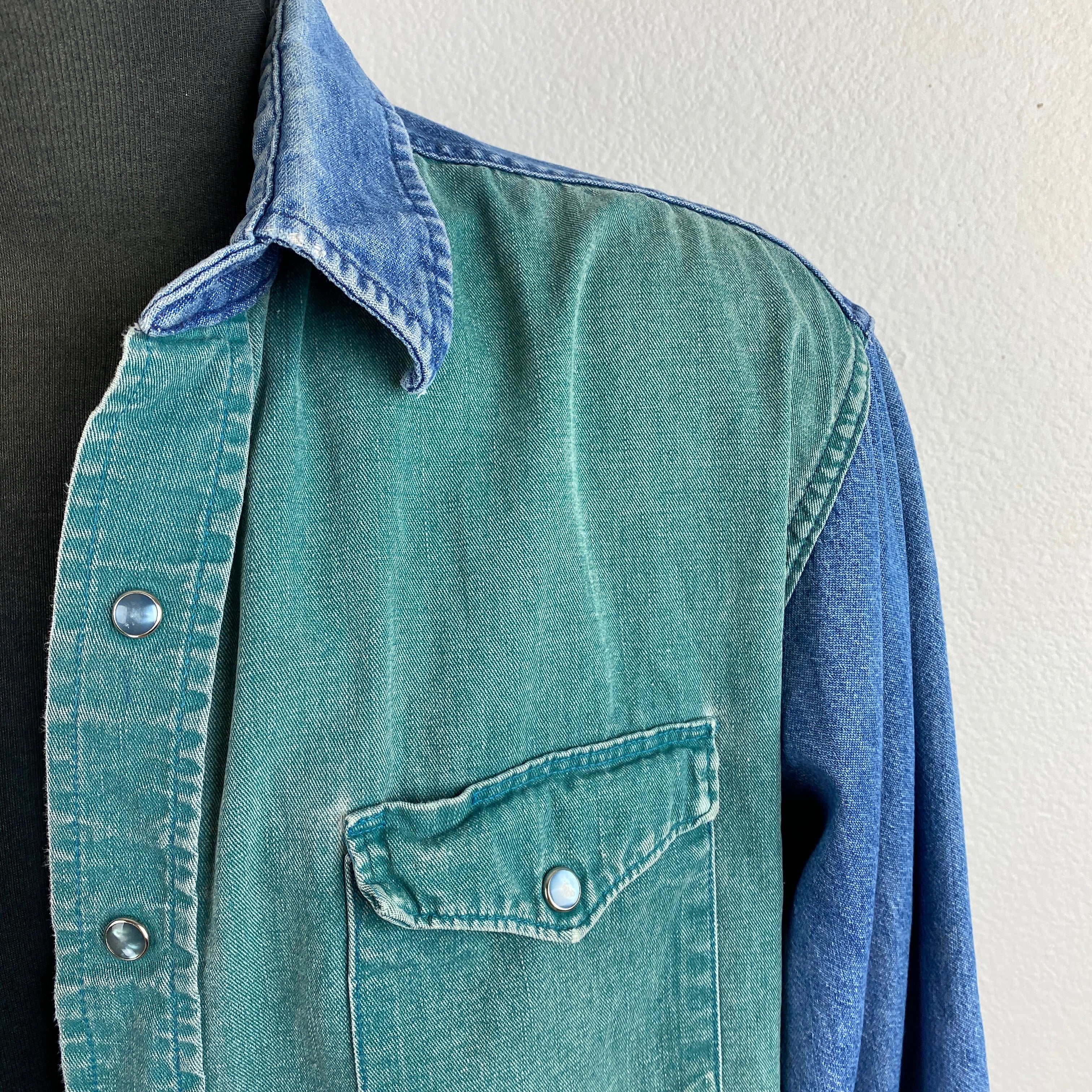 80s Men's Wrangler Colorblock Denim Shirt By Wrangler - Image 4