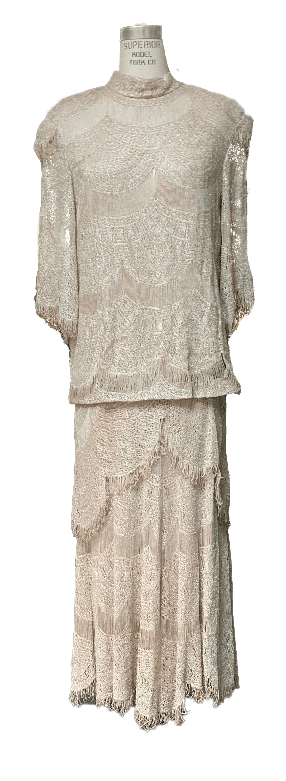 80s Metallic Gold Ivory Crocheted Flapper Style Dress By Damianou