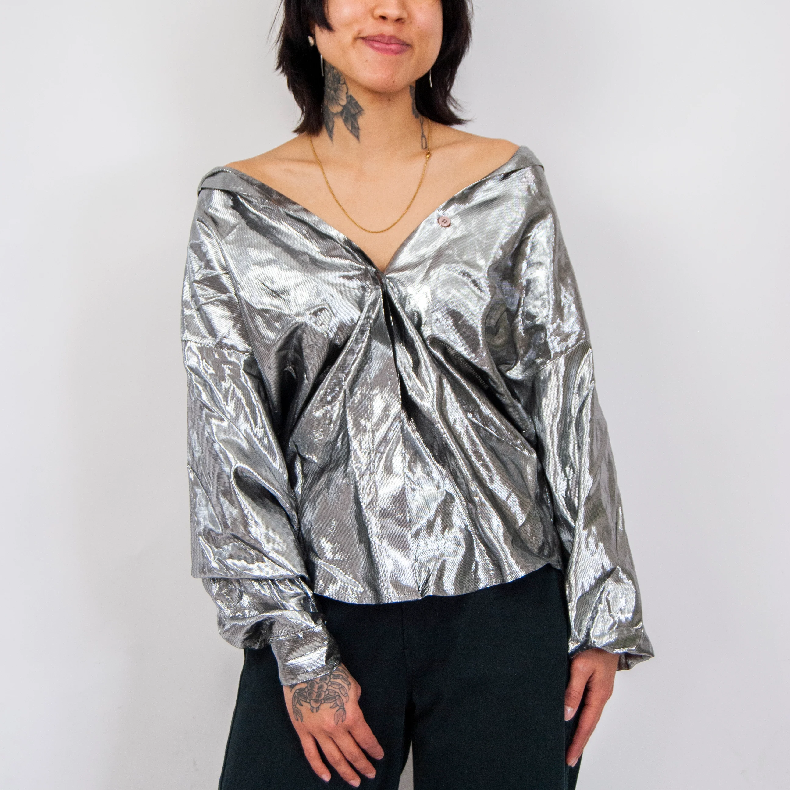 80s Metallic Silver Disco Blouse / 4 Xs By Anne Klein for New Aspects - Image 2