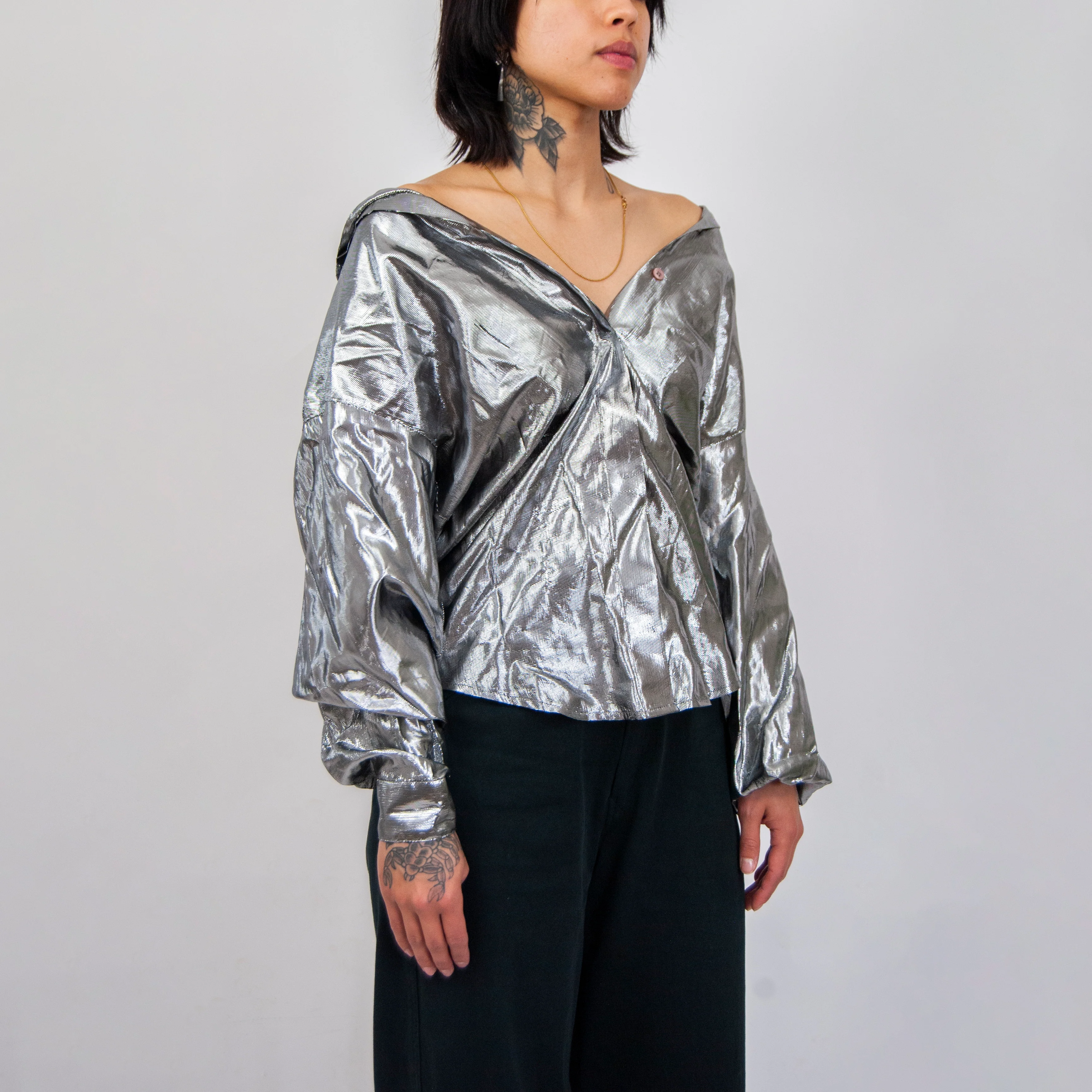 80s Metallic Silver Disco Blouse / 4 Xs By Anne Klein for New Aspects - Image 3