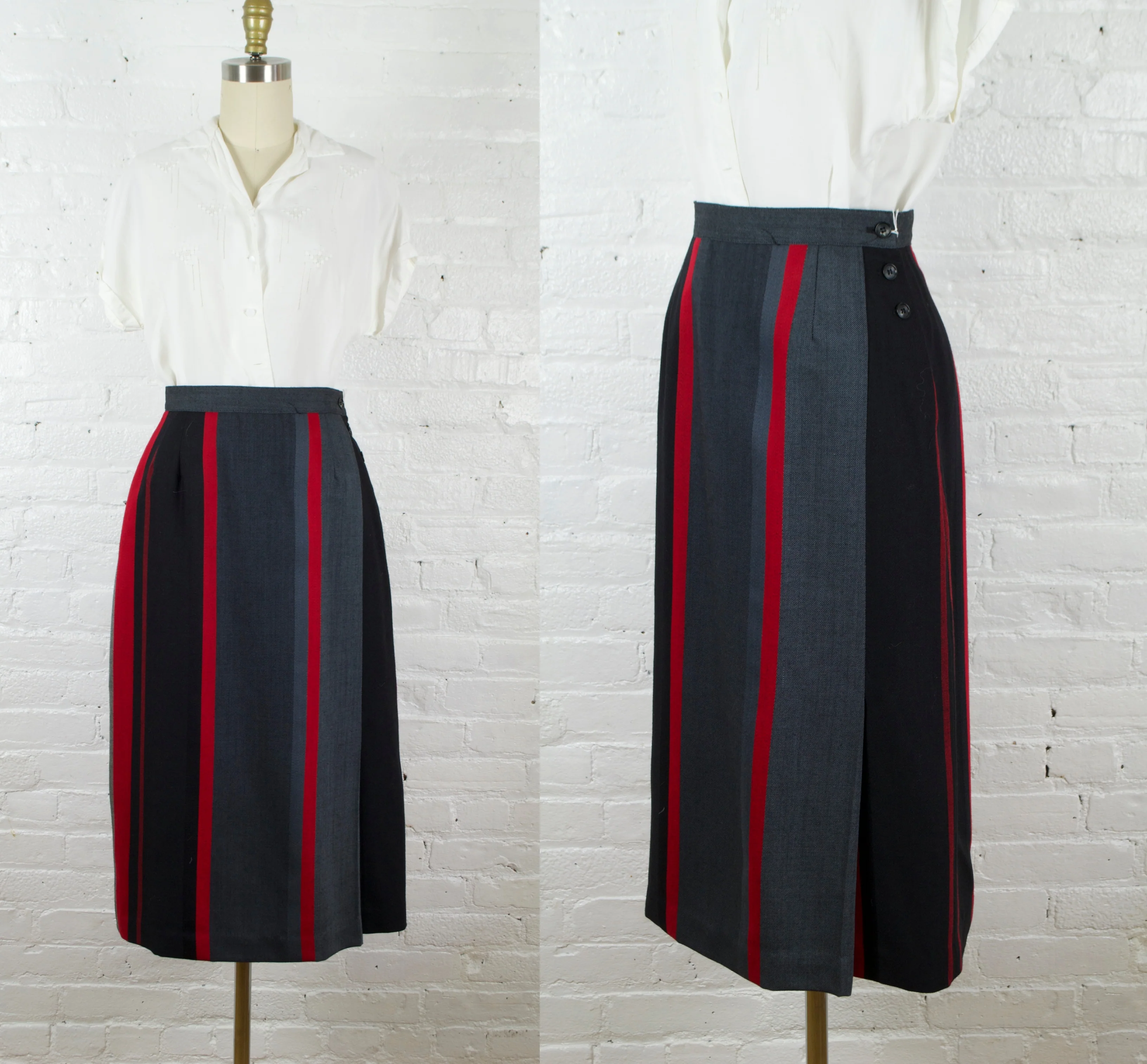 80s Midi Black And Red Striped Wool Wrap Skirt By Prophecy - Image 2
