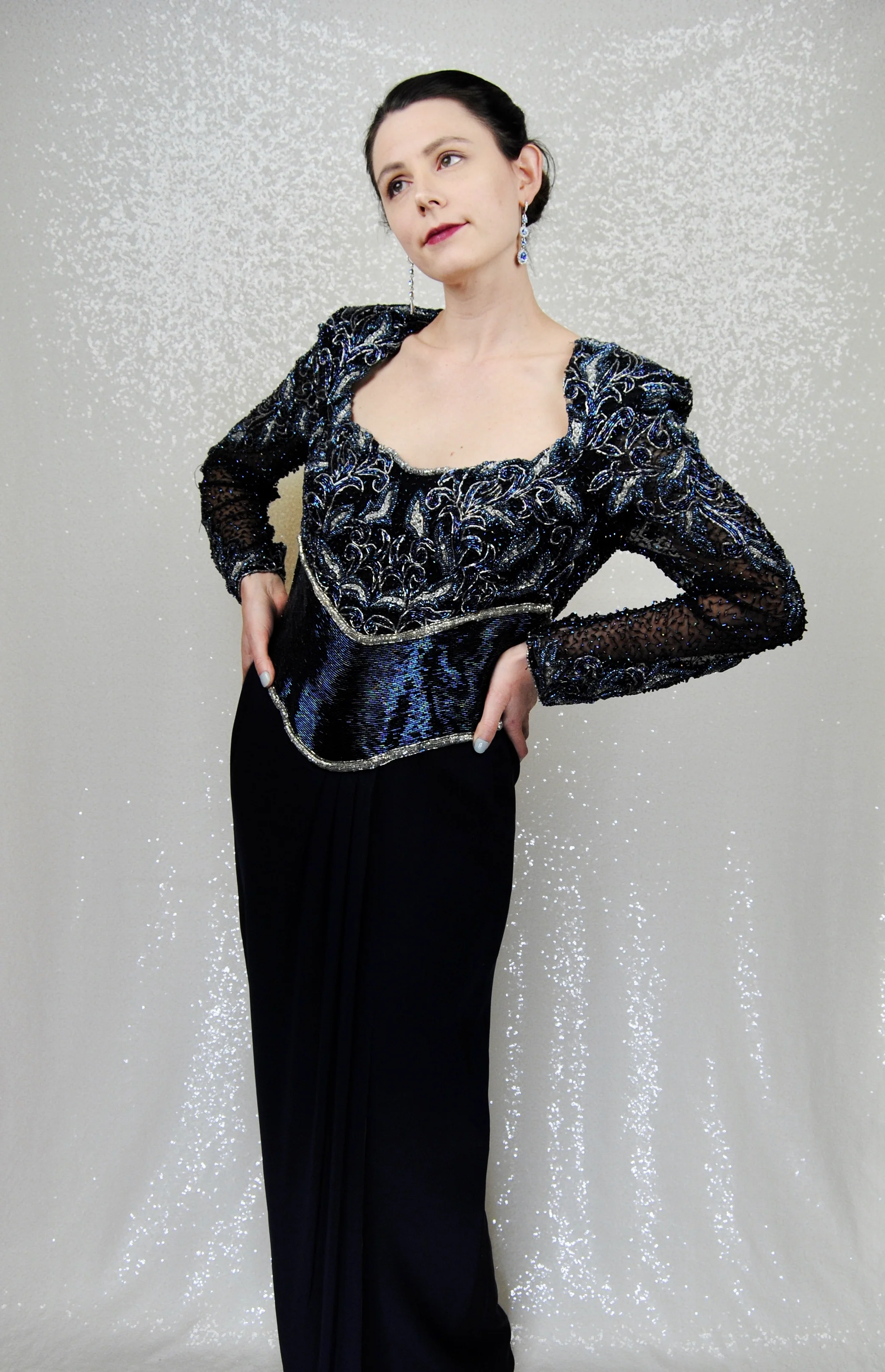 80s Midnight Blue Beaded Evening Gown Formal - Image 3