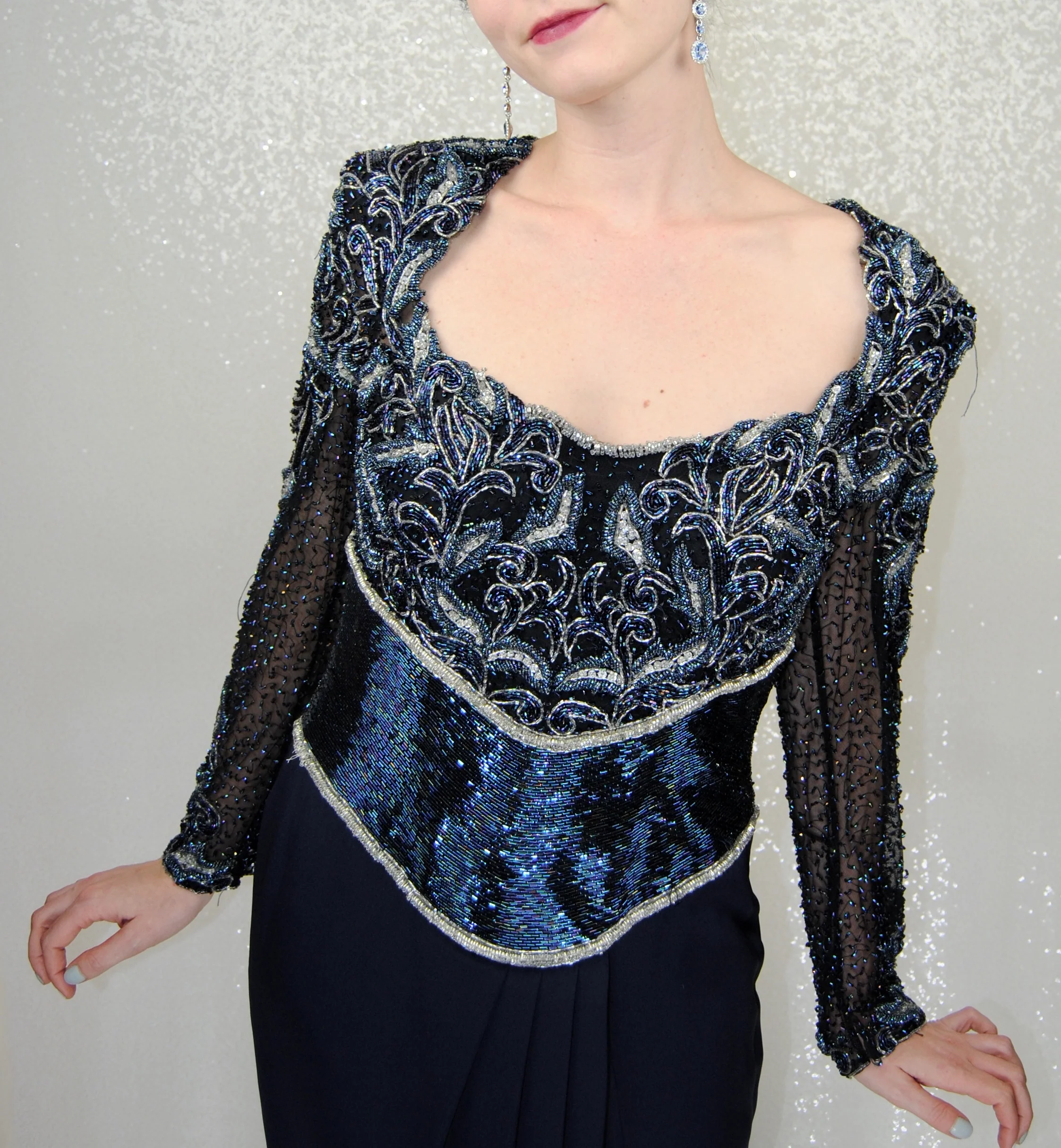 80s Midnight Blue Beaded Evening Gown Formal - Image 7