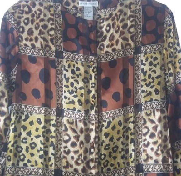 80s Mixed Animal Print Metallic Satin Blouse By Martinique - Image 3