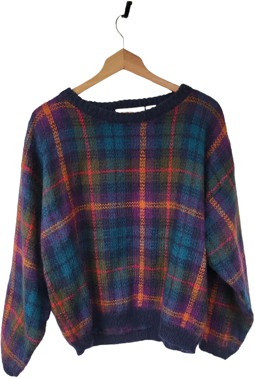 80s Mohair Blend Plaid Crew Neck Sweater By B. Moss