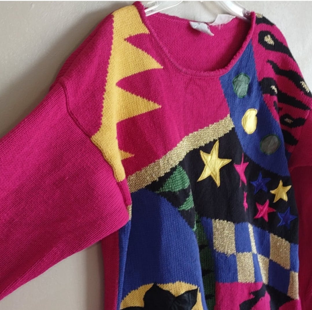 80's Abstract Checked Moon Star Sweater by Qui Design Collection - Image 3