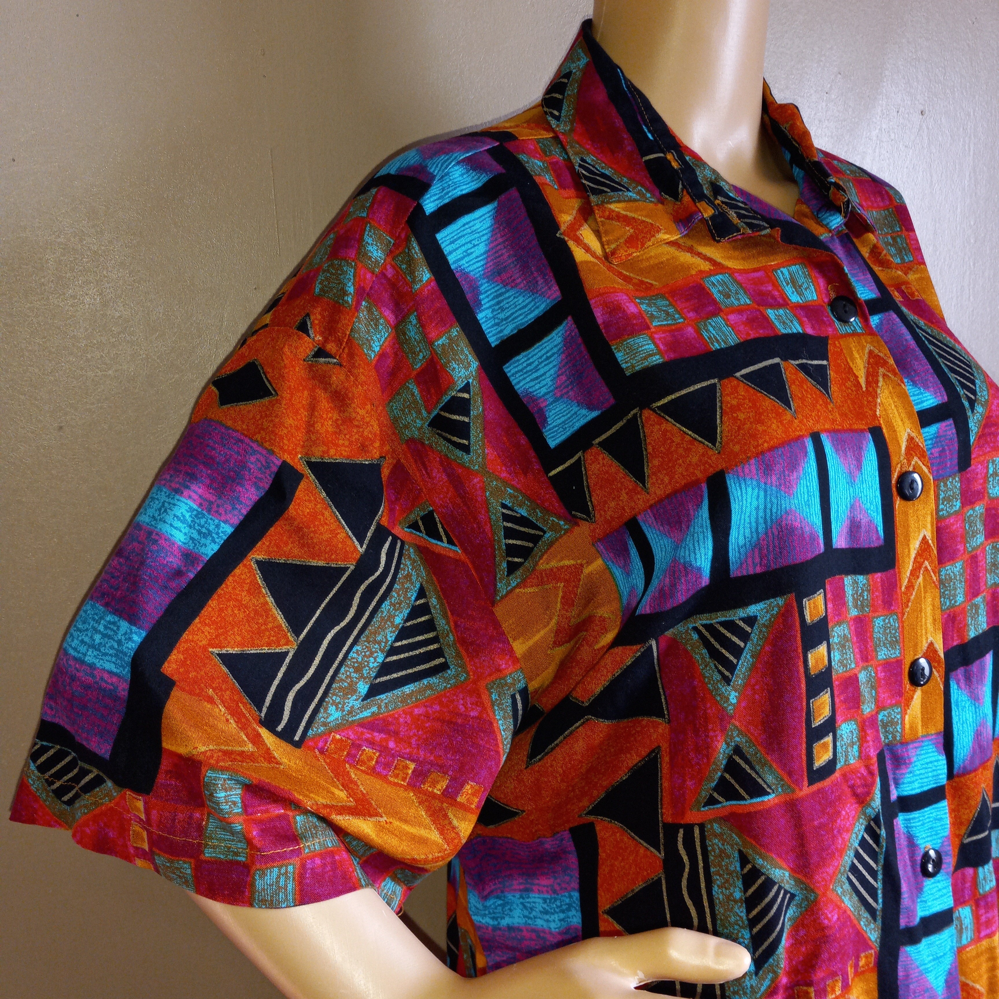80's Multicolor Art Deco Rayon Button Up by Cabrais - Image 3