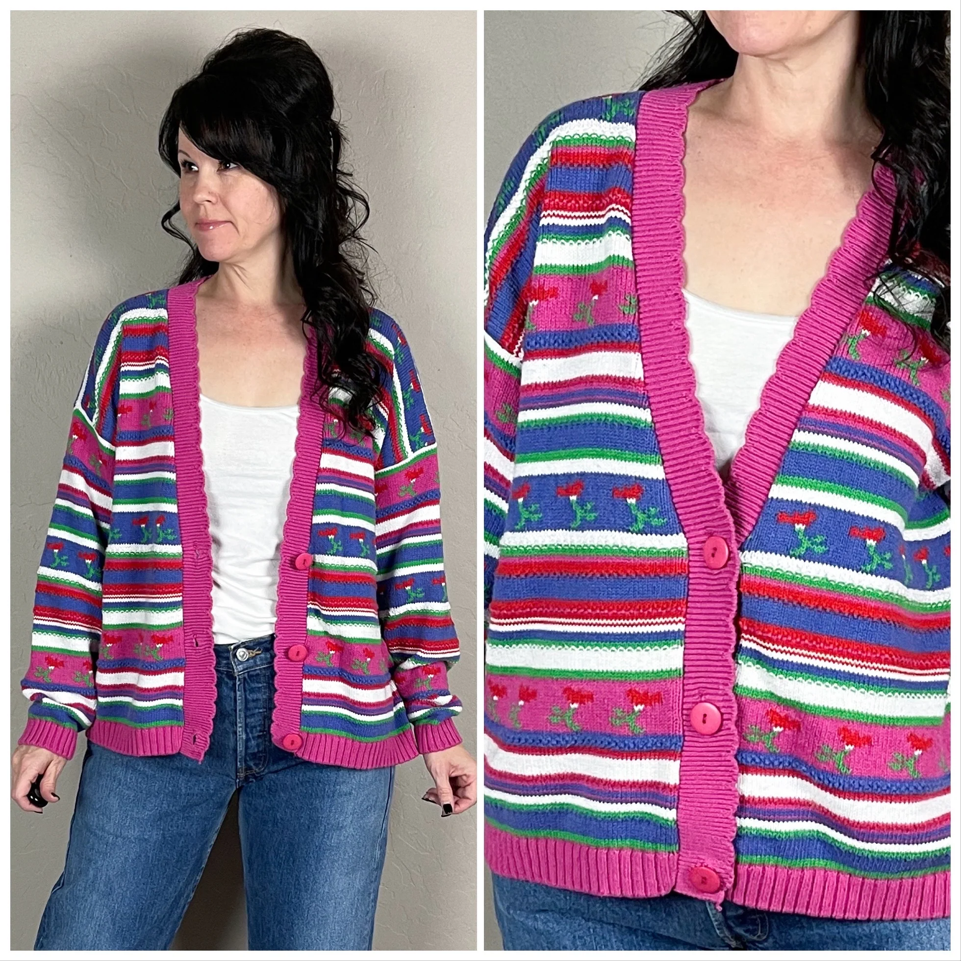 80s Multicolor Floral And Stripe Cotton Cardigan By Christopher and Banks - Image 2