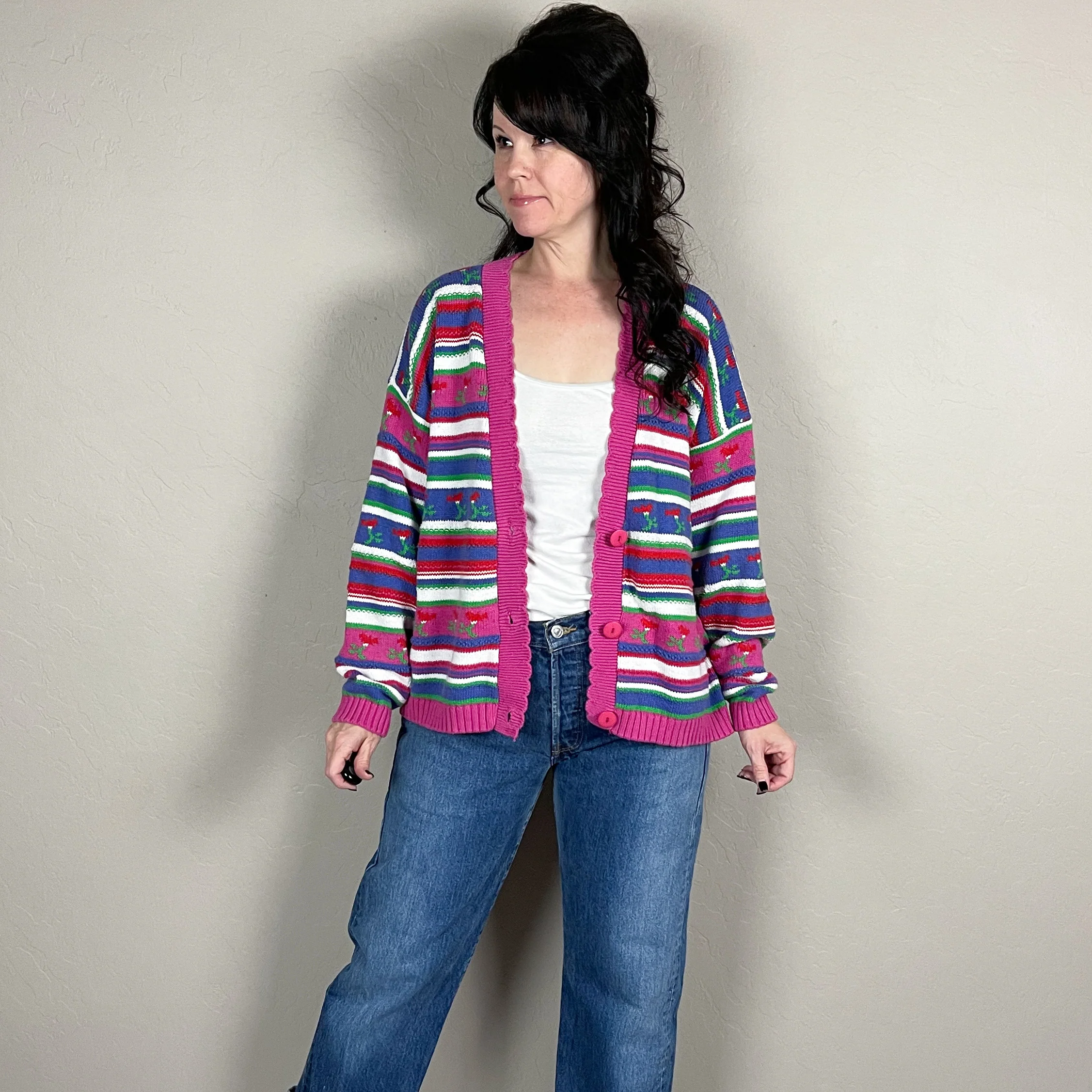 80s Multicolor Floral And Stripe Cotton Cardigan By Christopher and Banks - Image 5