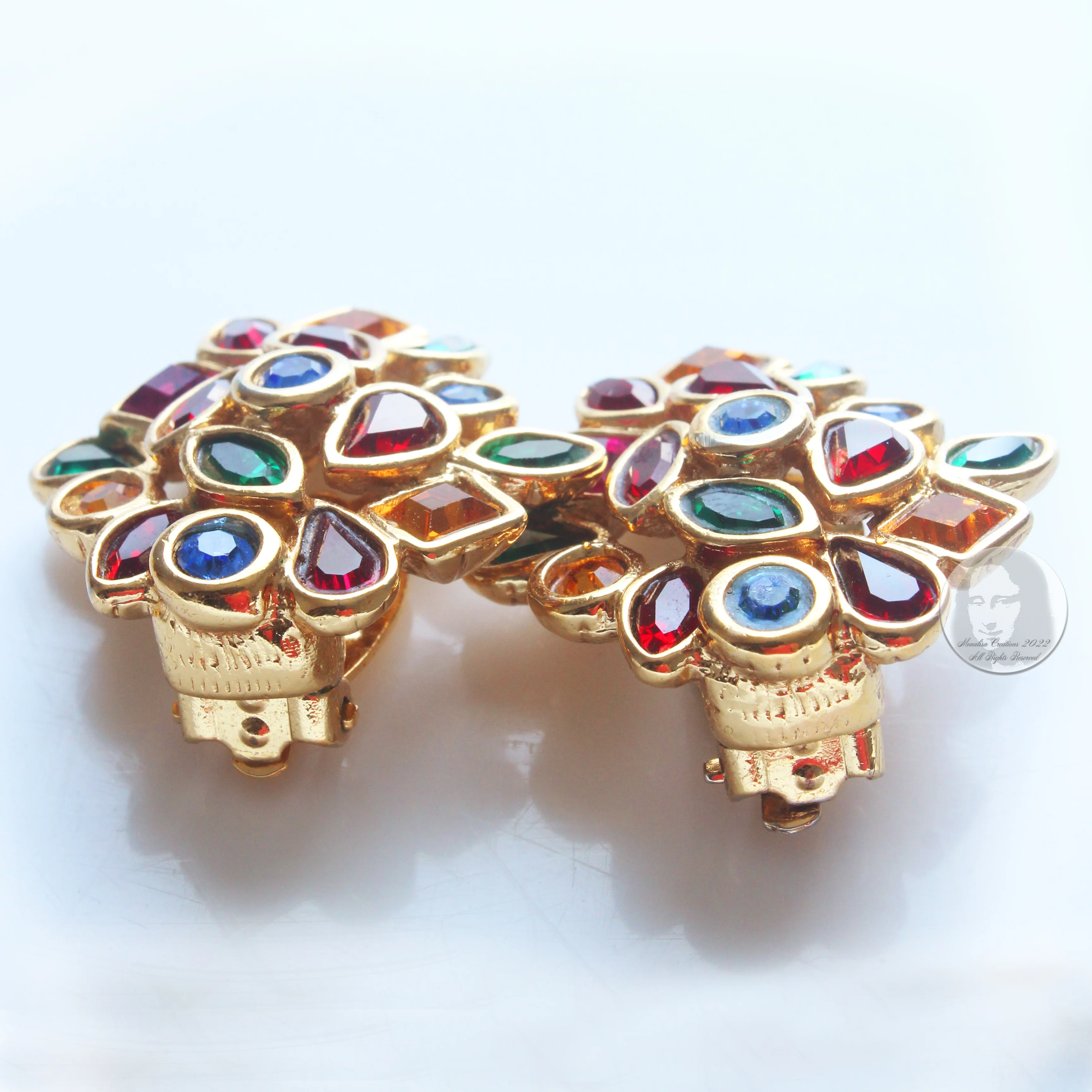 80s Multicolor Glass Earrings Clip Style Rhinestones By Yves Saint Laurent - Image 11
