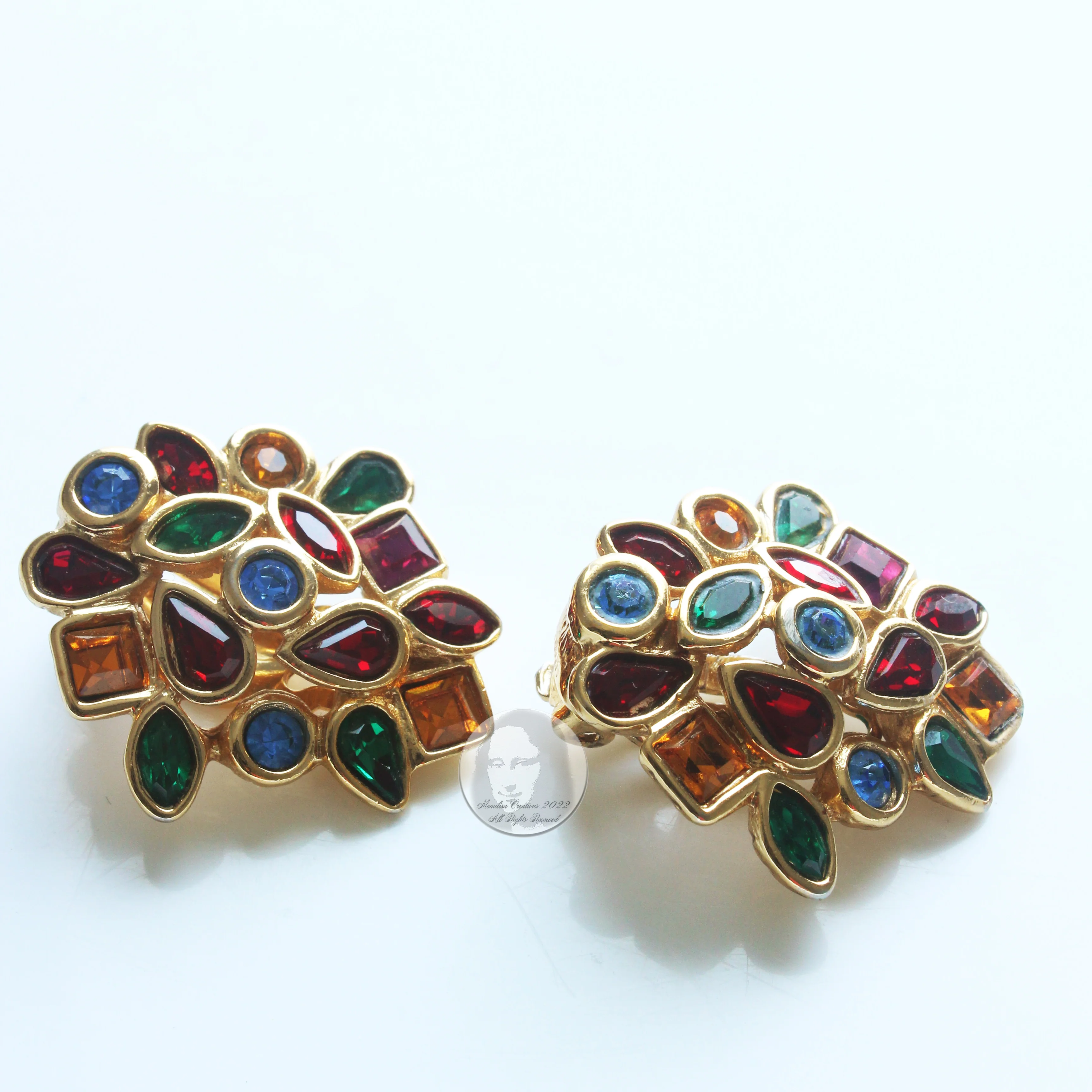 80s Multicolor Glass Earrings Clip Style Rhinestones By Yves Saint Laurent - Image 12