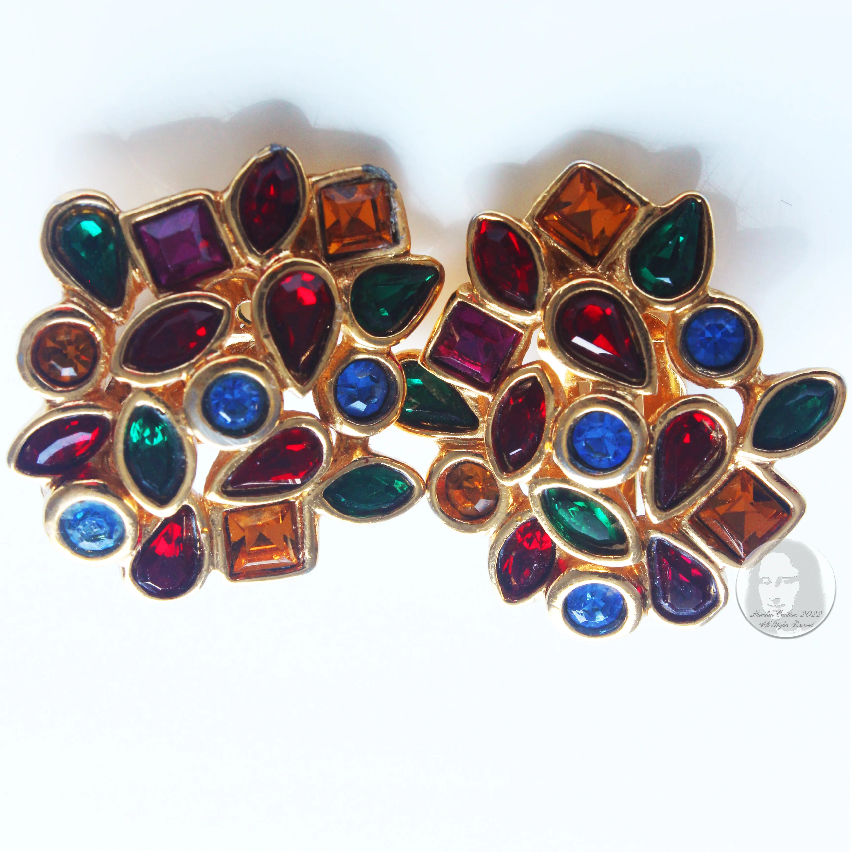 80s Multicolor Glass Earrings Clip Style Rhinestones By Yves Saint Laurent - Image 14