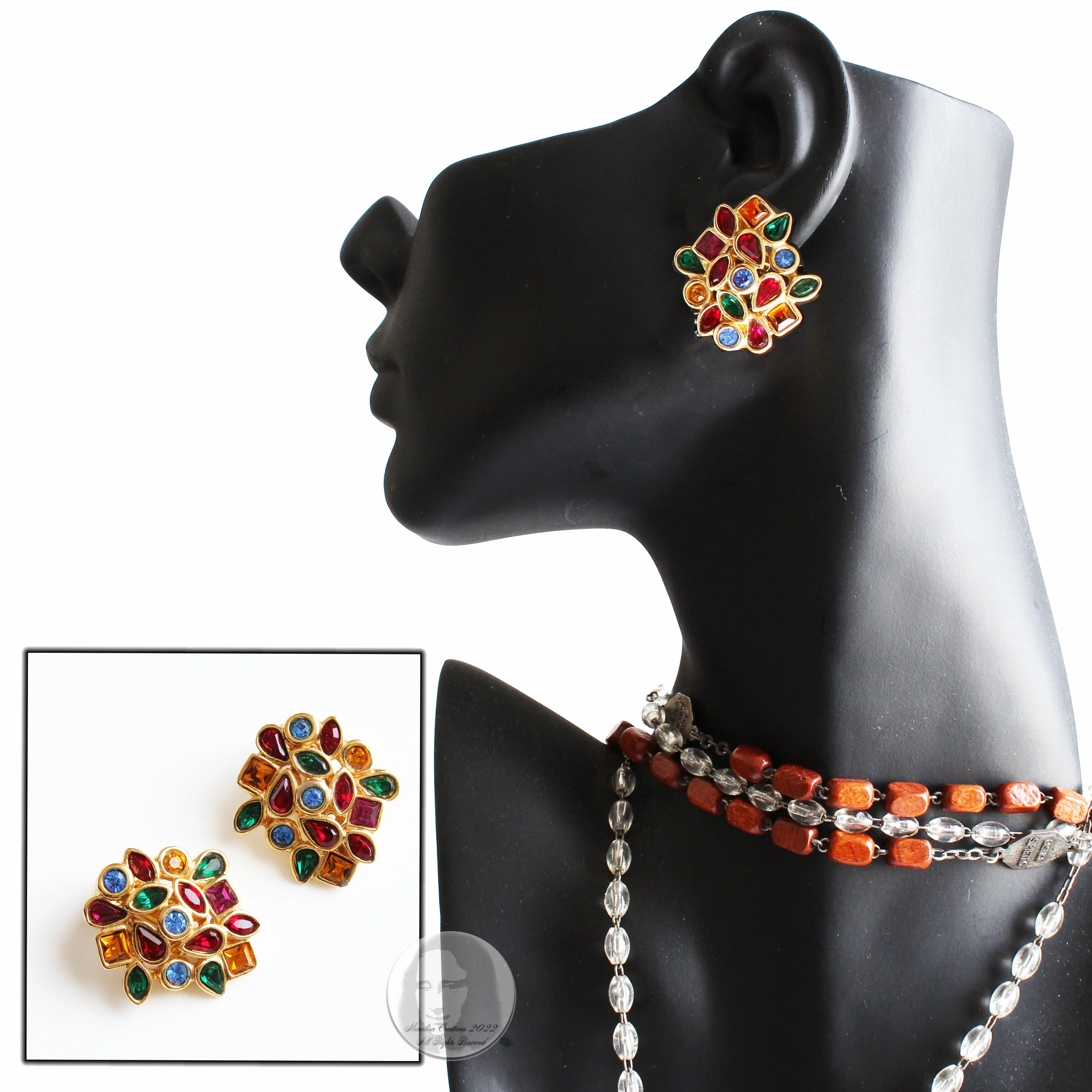 80s Multicolor Glass Earrings Clip Style Rhinestones By Yves Saint Laurent - Image 3