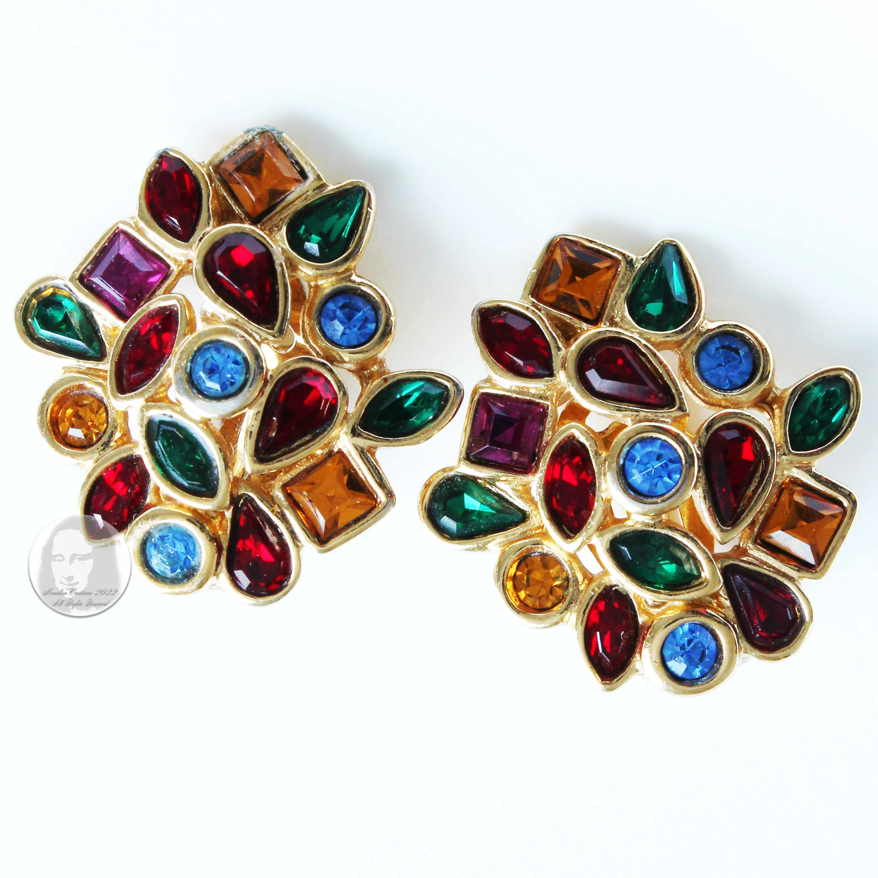 80s Multicolor Glass Earrings Clip Style Rhinestones By Yves Saint Laurent - Image 4