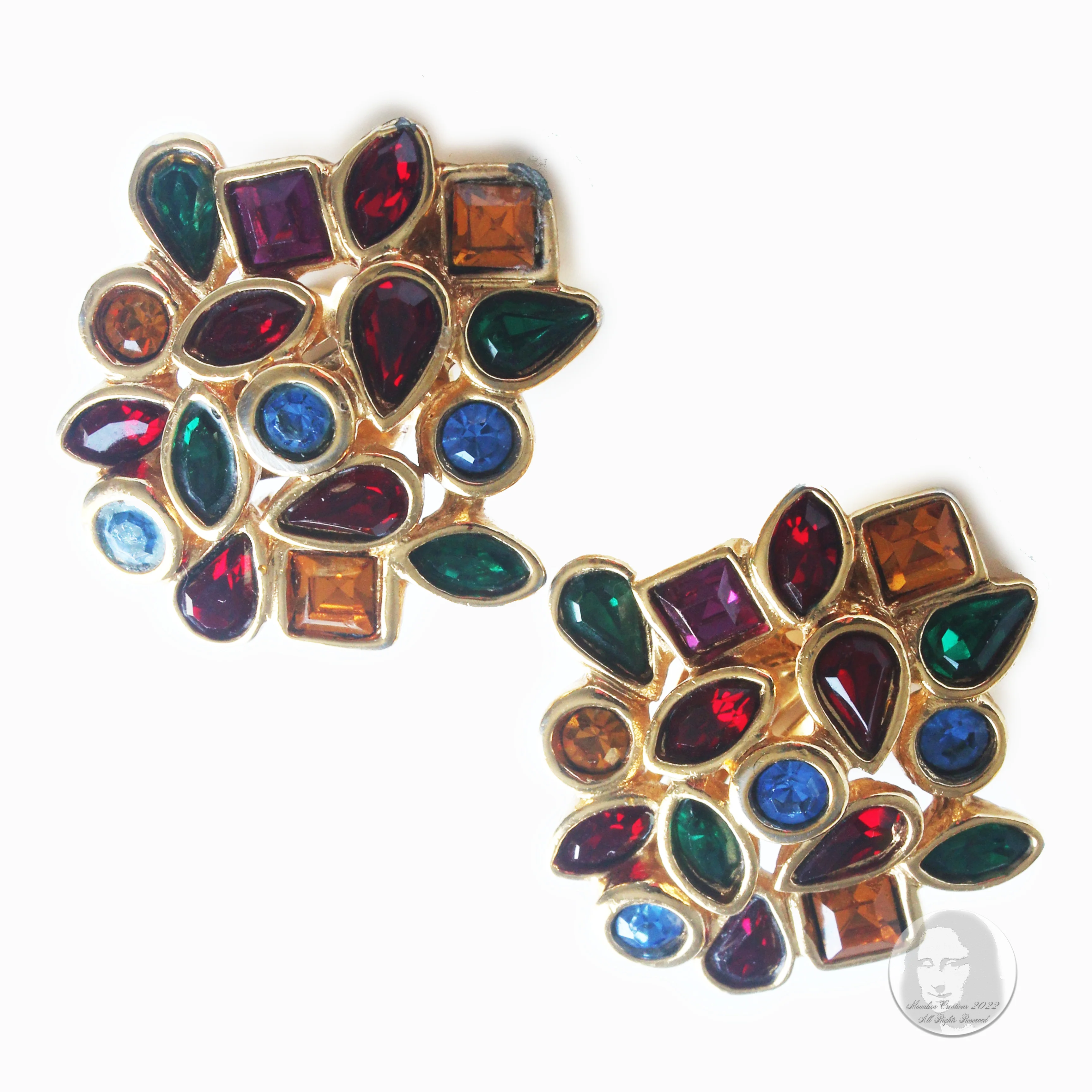 80s Multicolor Glass Earrings Clip Style Rhinestones By Yves Saint Laurent - Image 5