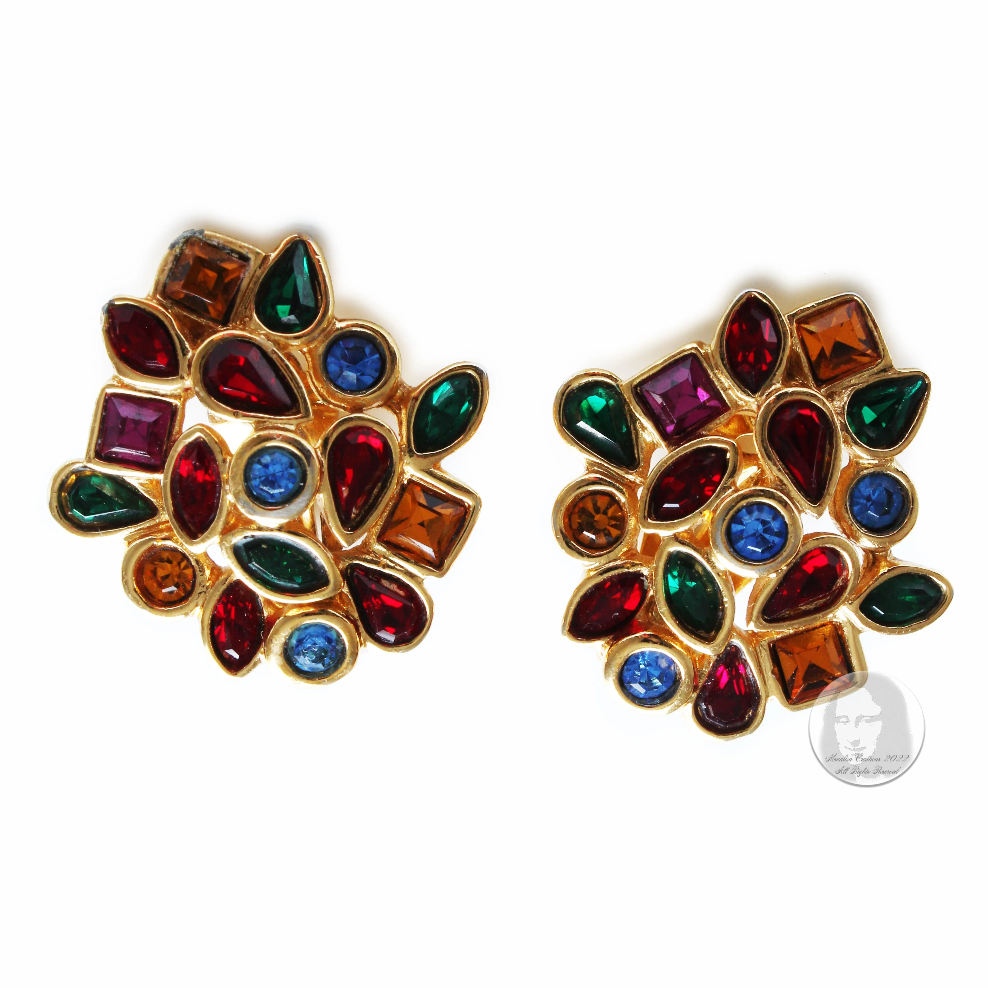 80s Multicolor Glass Earrings Clip Style Rhinestones By Yves Saint Laurent - Image 6