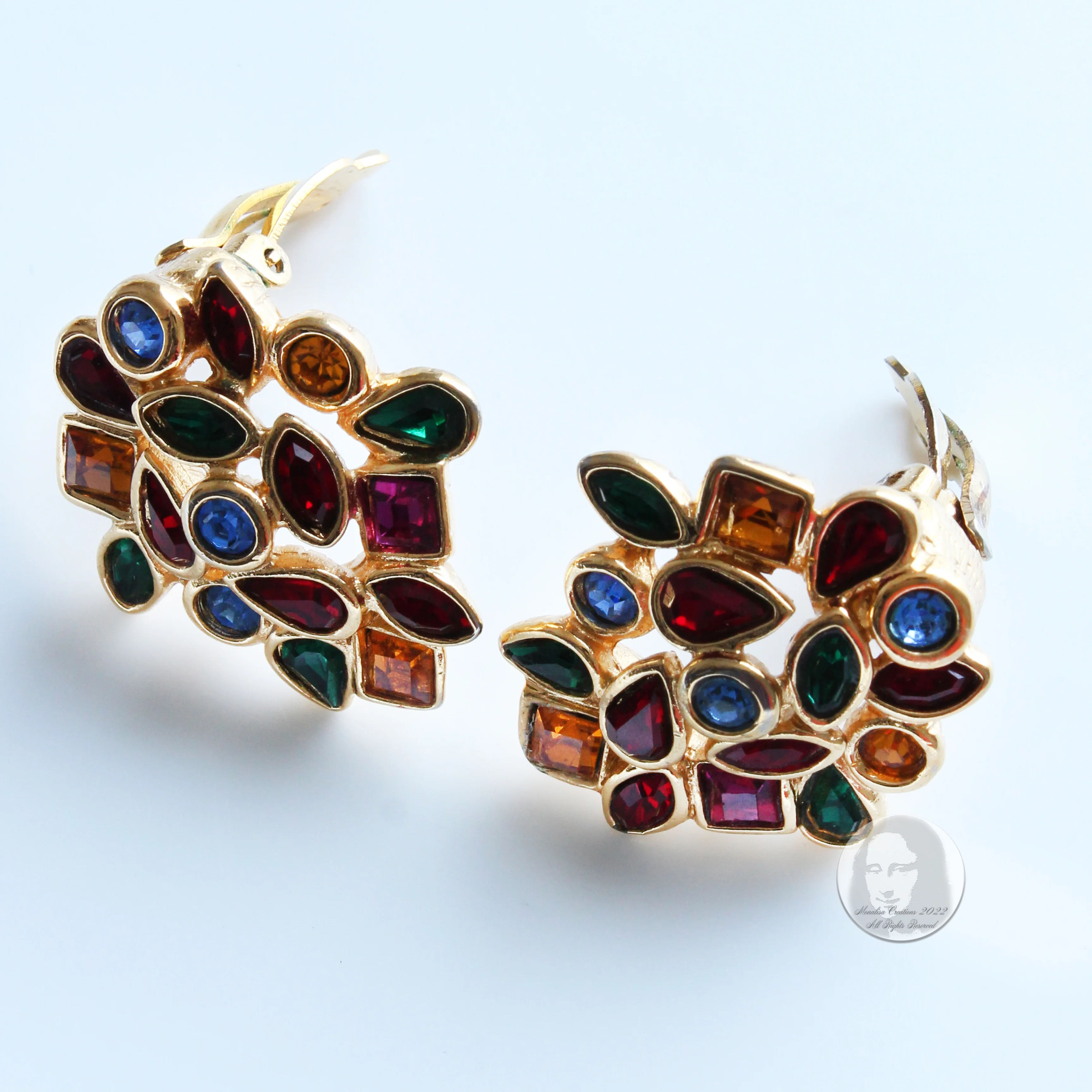 80s Multicolor Glass Earrings Clip Style Rhinestones By Yves Saint Laurent - Image 8