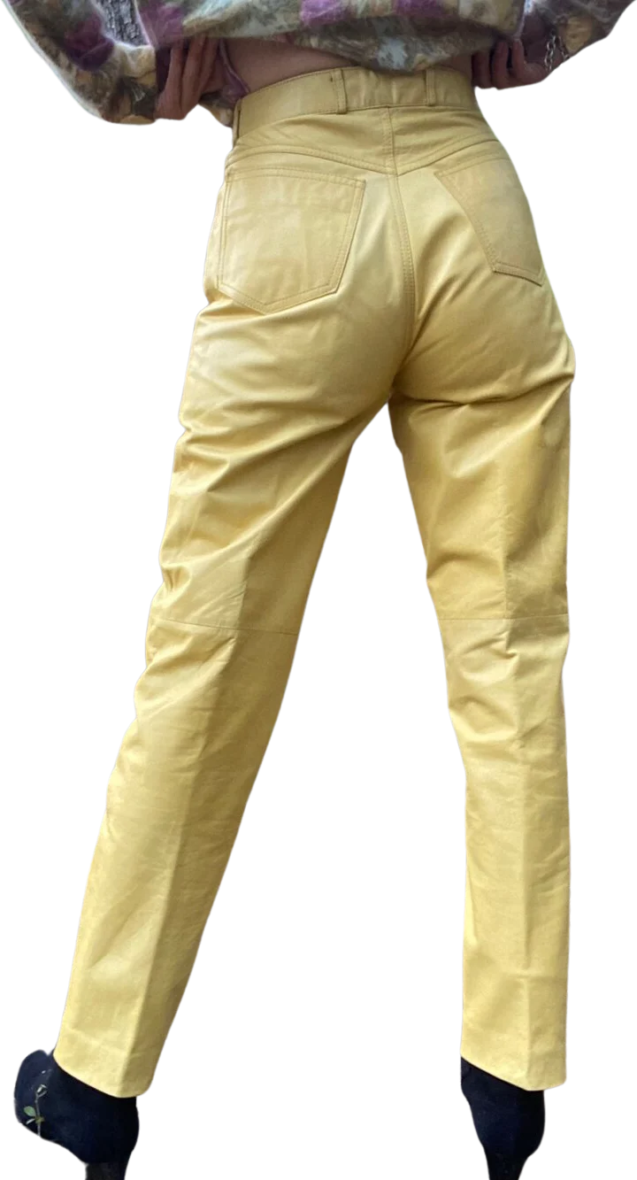 80s Mustard Yellow Leather Pants By Tannery West - Image 2