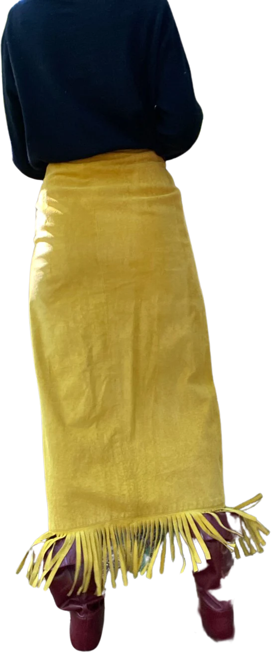 80s Mustard Yellow Suede Fringed Skirt By Liz Roberts Robert Elliot - Image 2