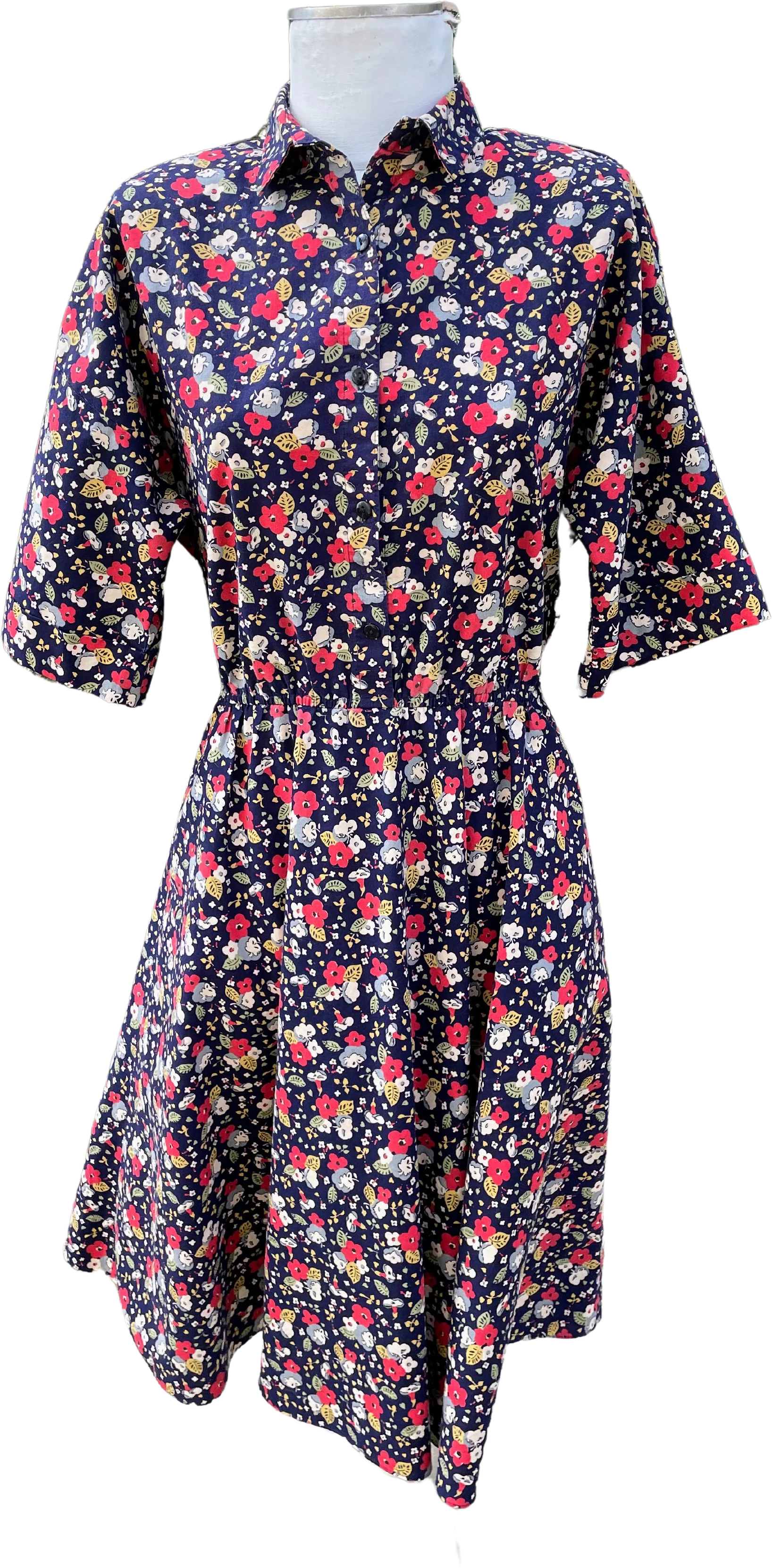80s Navy Blue And Red Floral Cotton Dress By The American Shirt Company