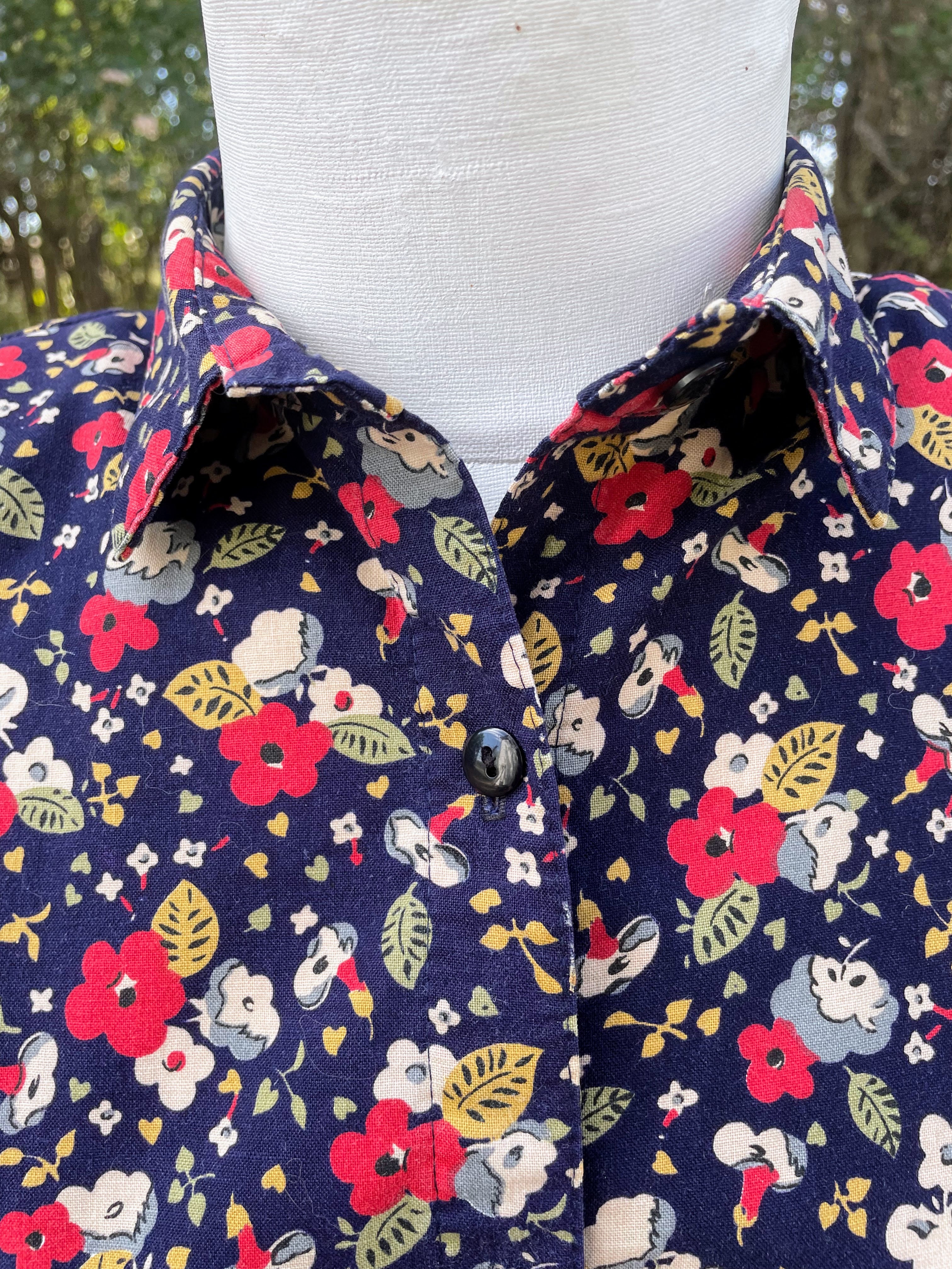 80s Navy Blue And Red Floral Cotton Dress By The American Shirt Company - Image 10
