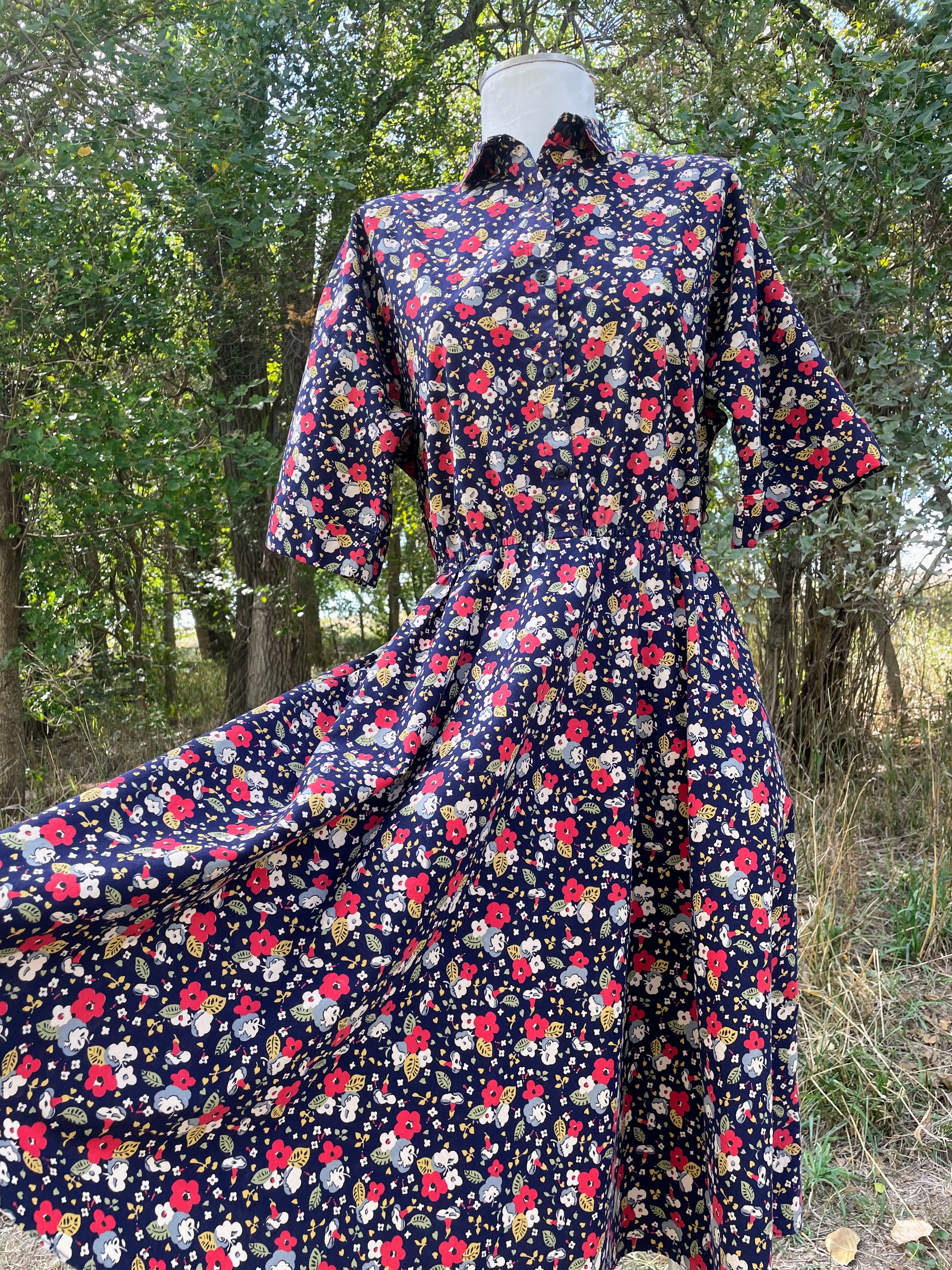 80s Navy Blue And Red Floral Cotton Dress By The American Shirt Company - Image 5