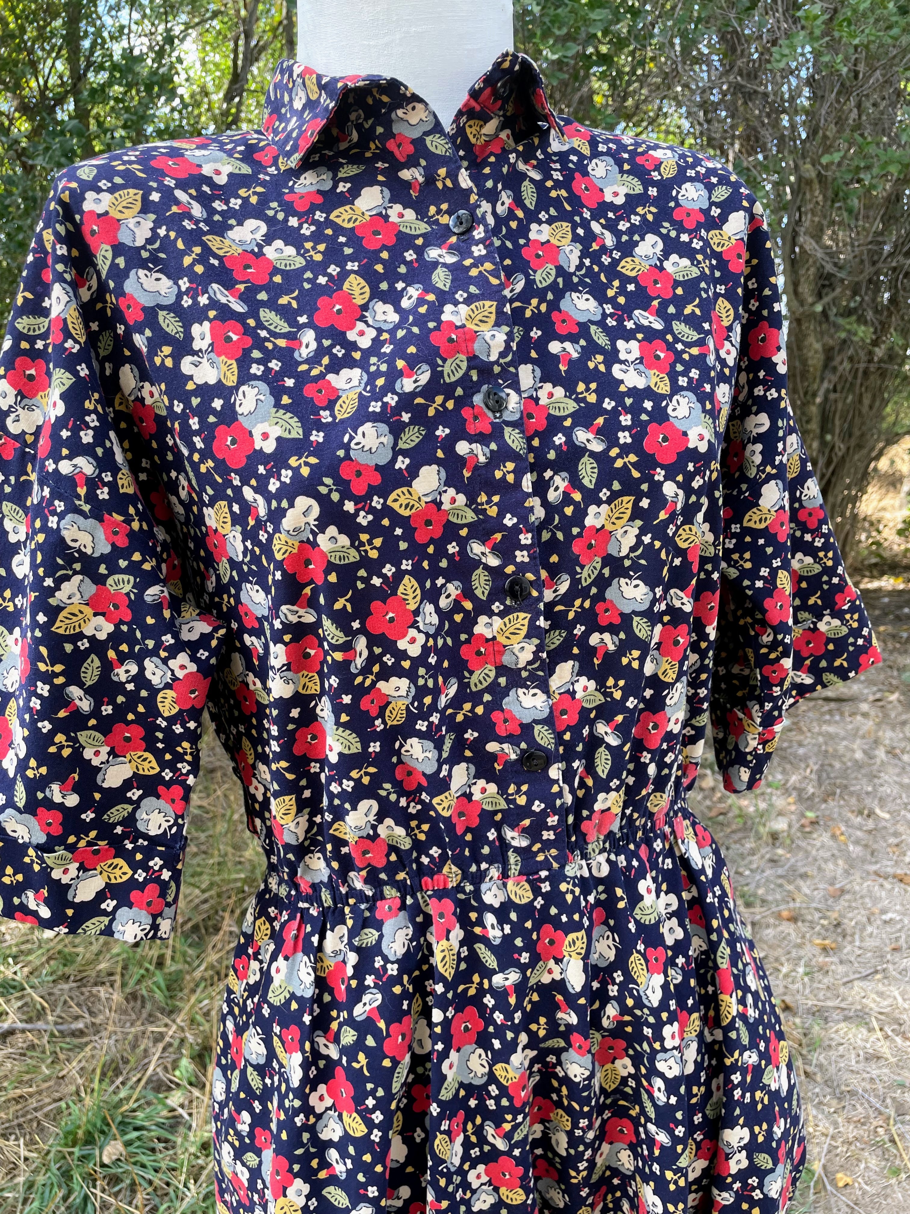 80s Navy Blue And Red Floral Cotton Dress By The American Shirt Company - Image 8