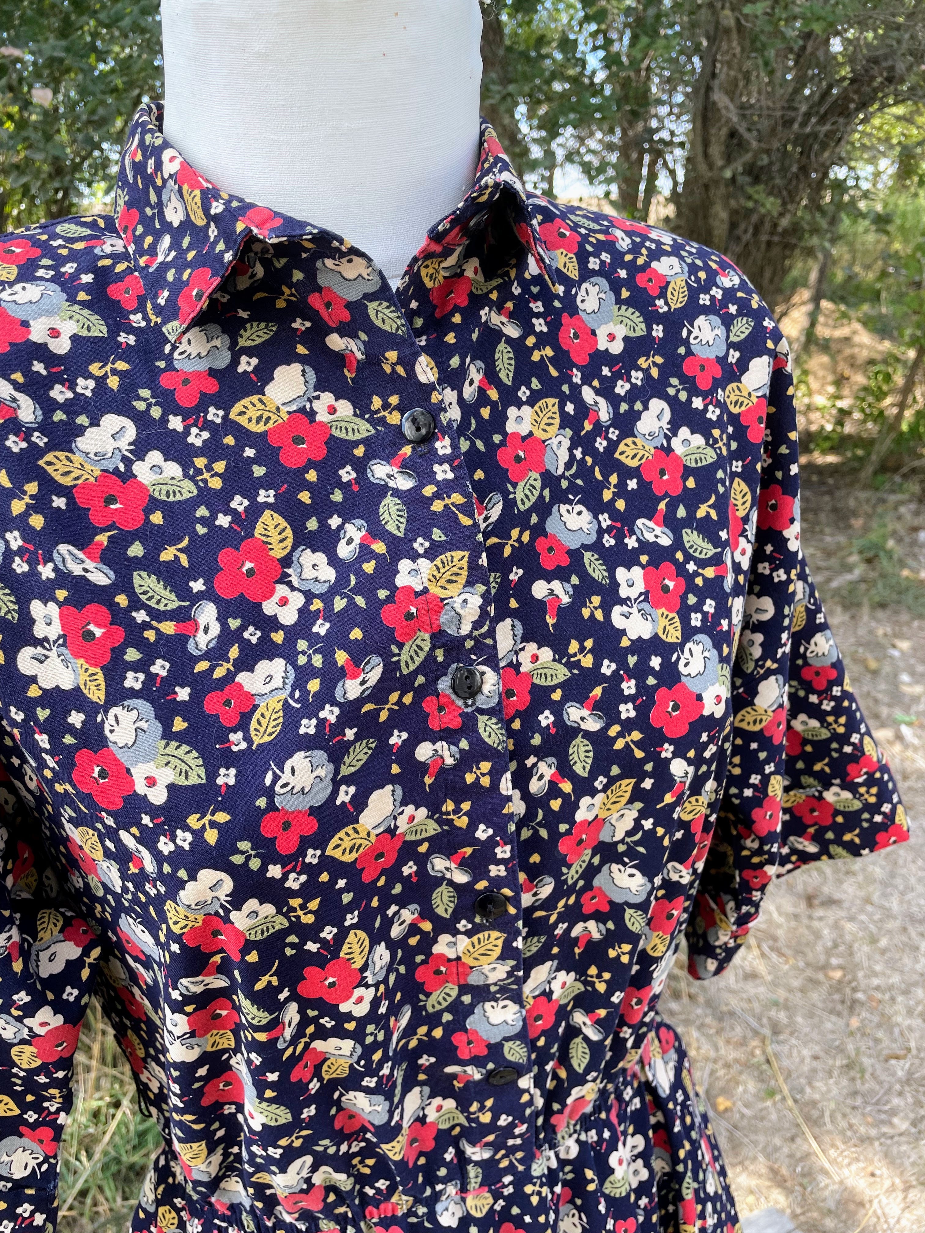 80s Navy Blue And Red Floral Cotton Dress By The American Shirt Company - Image 9