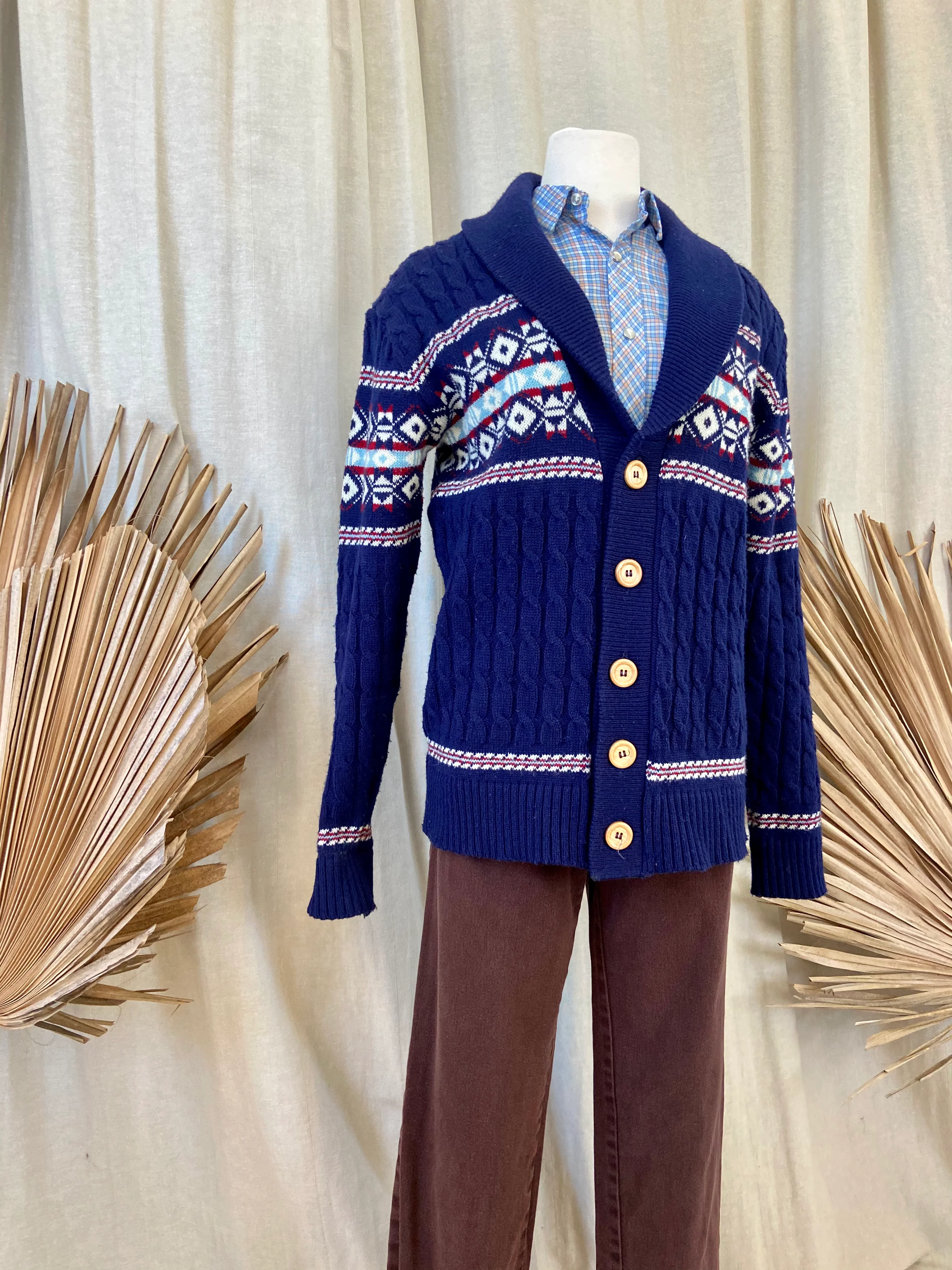 80s Navy Blue Fair Isle Cowl Neck Cable Knit Cardigan By Mervyns - Image 4
