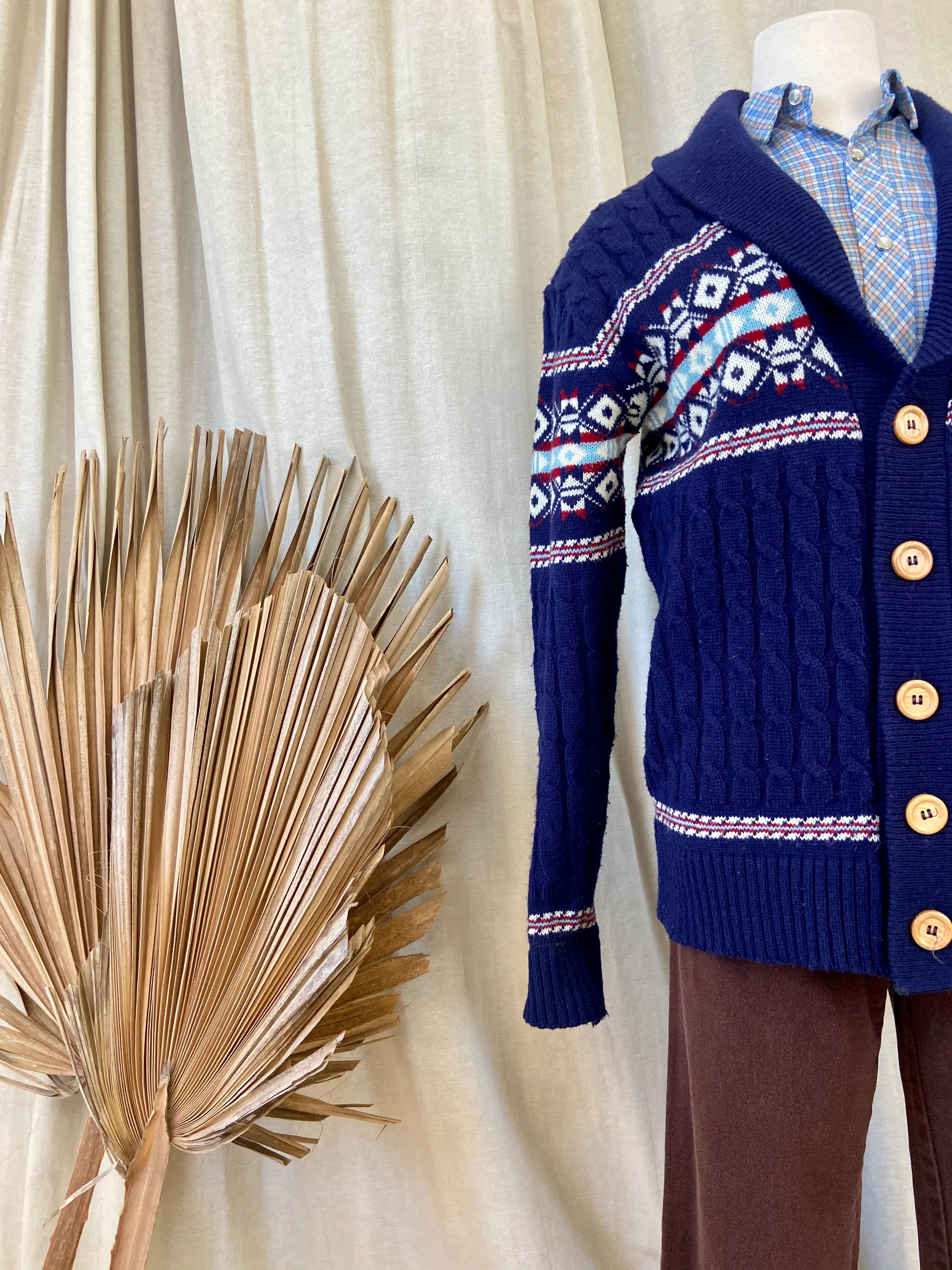 80s Navy Blue Fair Isle Cowl Neck Cable Knit Cardigan By Mervyns - Image 7