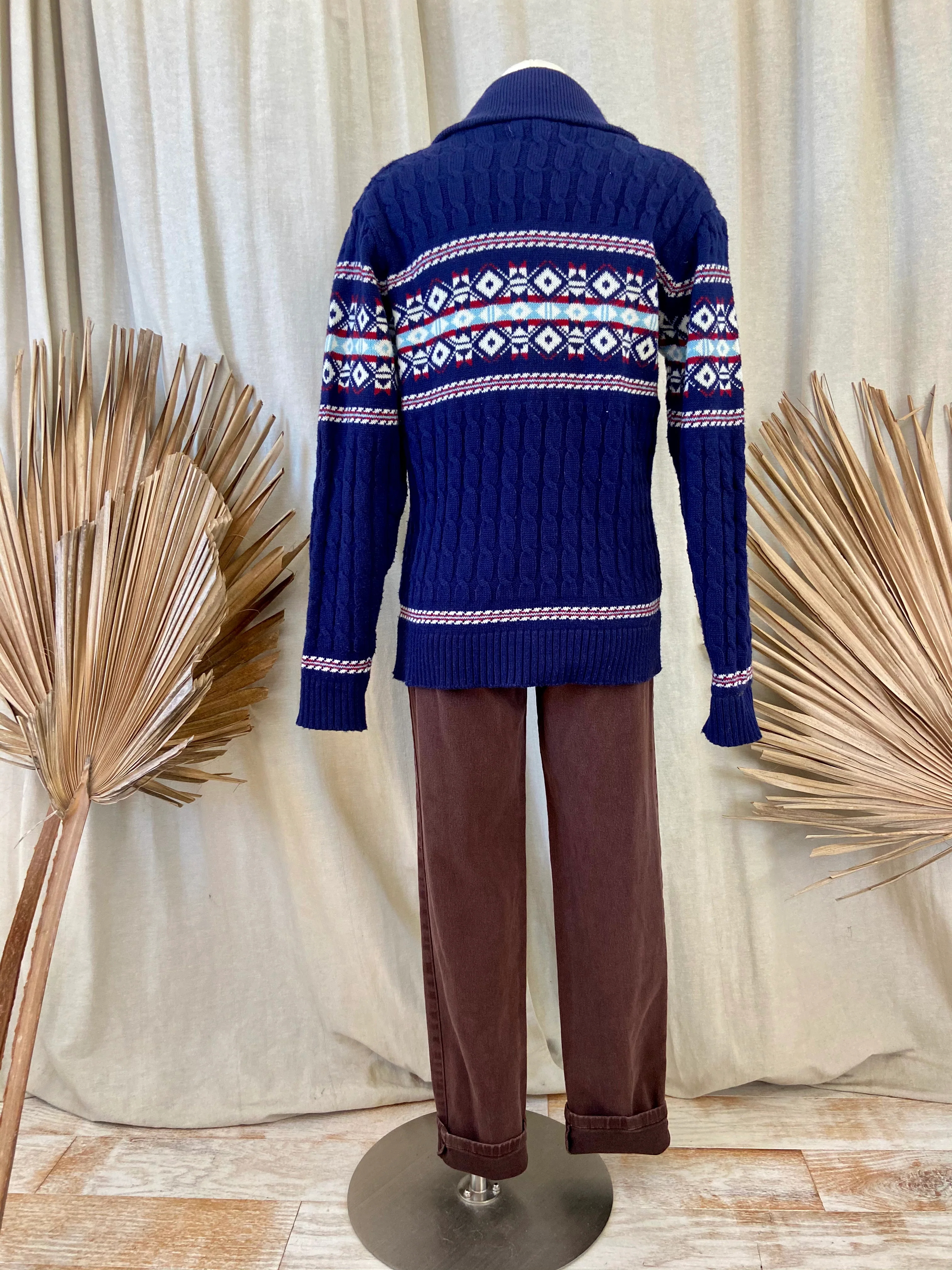80s Navy Blue Fair Isle Cowl Neck Cable Knit Cardigan By Mervyns - Image 9