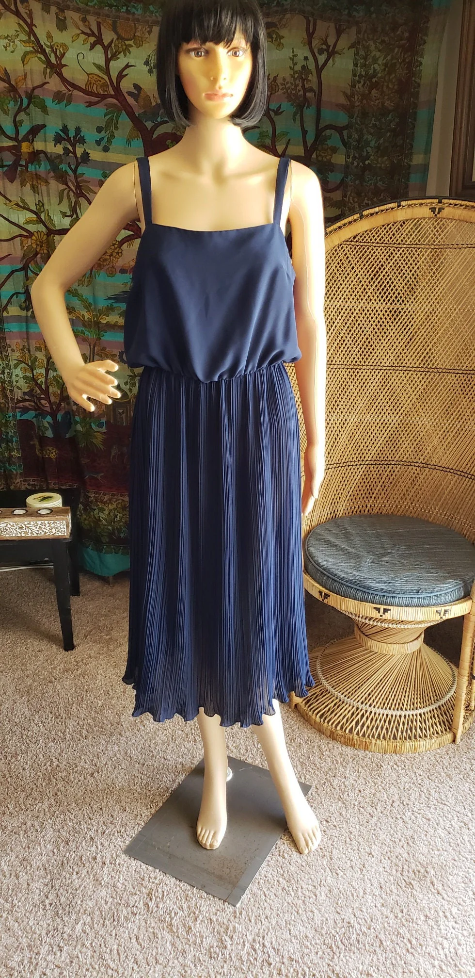 80s Navy Blue Pleated Chiffon Dress Md by Roma Notte - Image 7