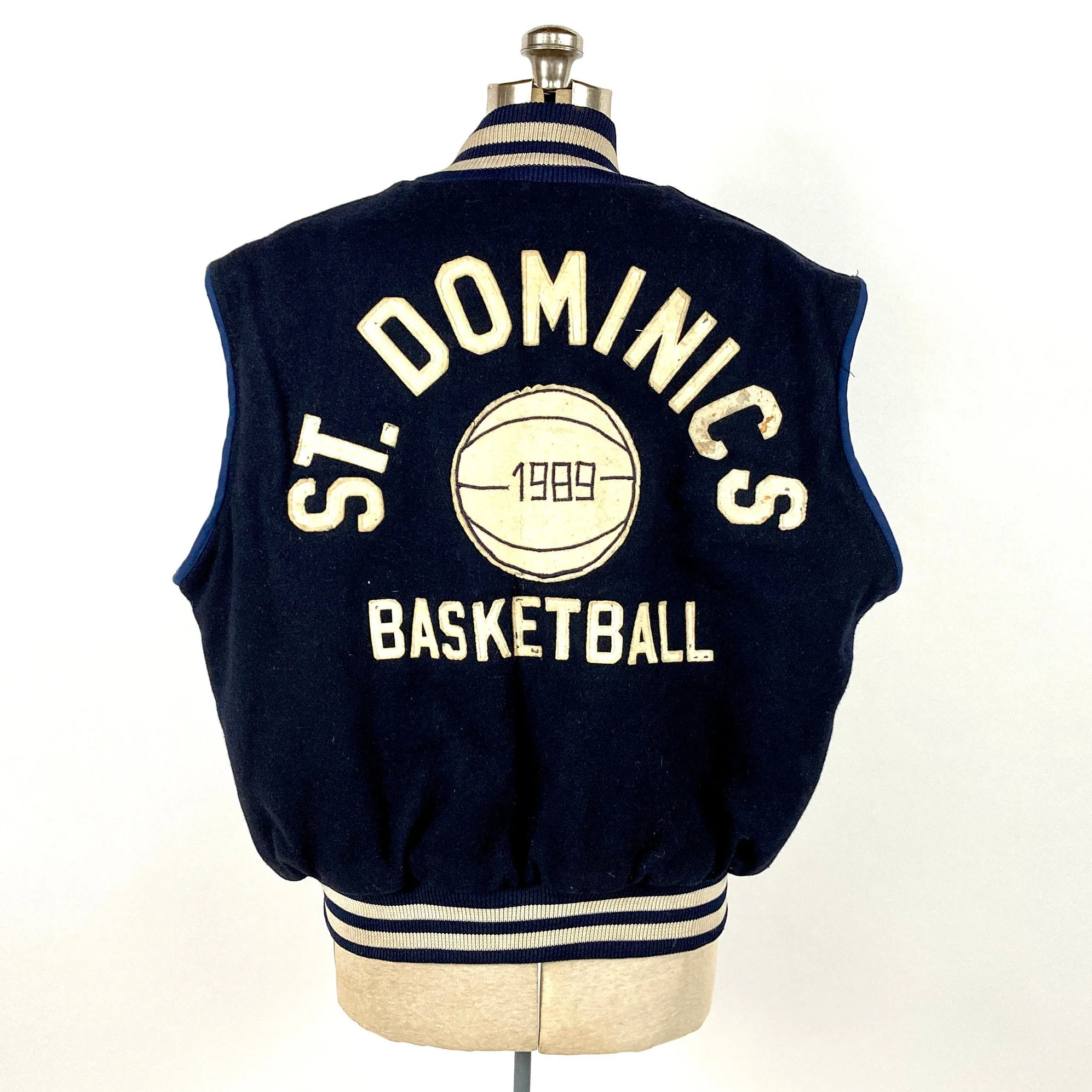 80s Navy Varsity Letterman Jacket Preppy Pockets Wool Snap Cardigan Vest St. Dominics School Basketball Empire Vintage Bomber Jacket by Empire - Image 2