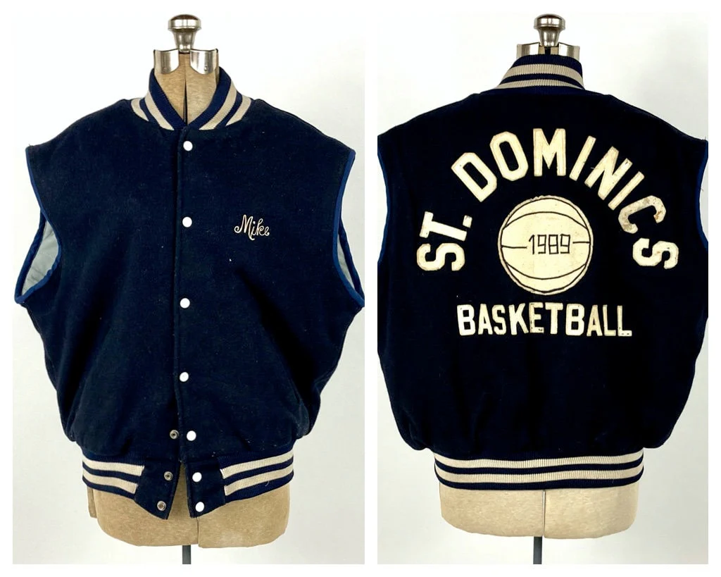 80s Navy Varsity Letterman Jacket Preppy Pockets Wool Snap Cardigan Vest St. Dominics School Basketball Empire Vintage Bomber Jacket by Empire - Image 4