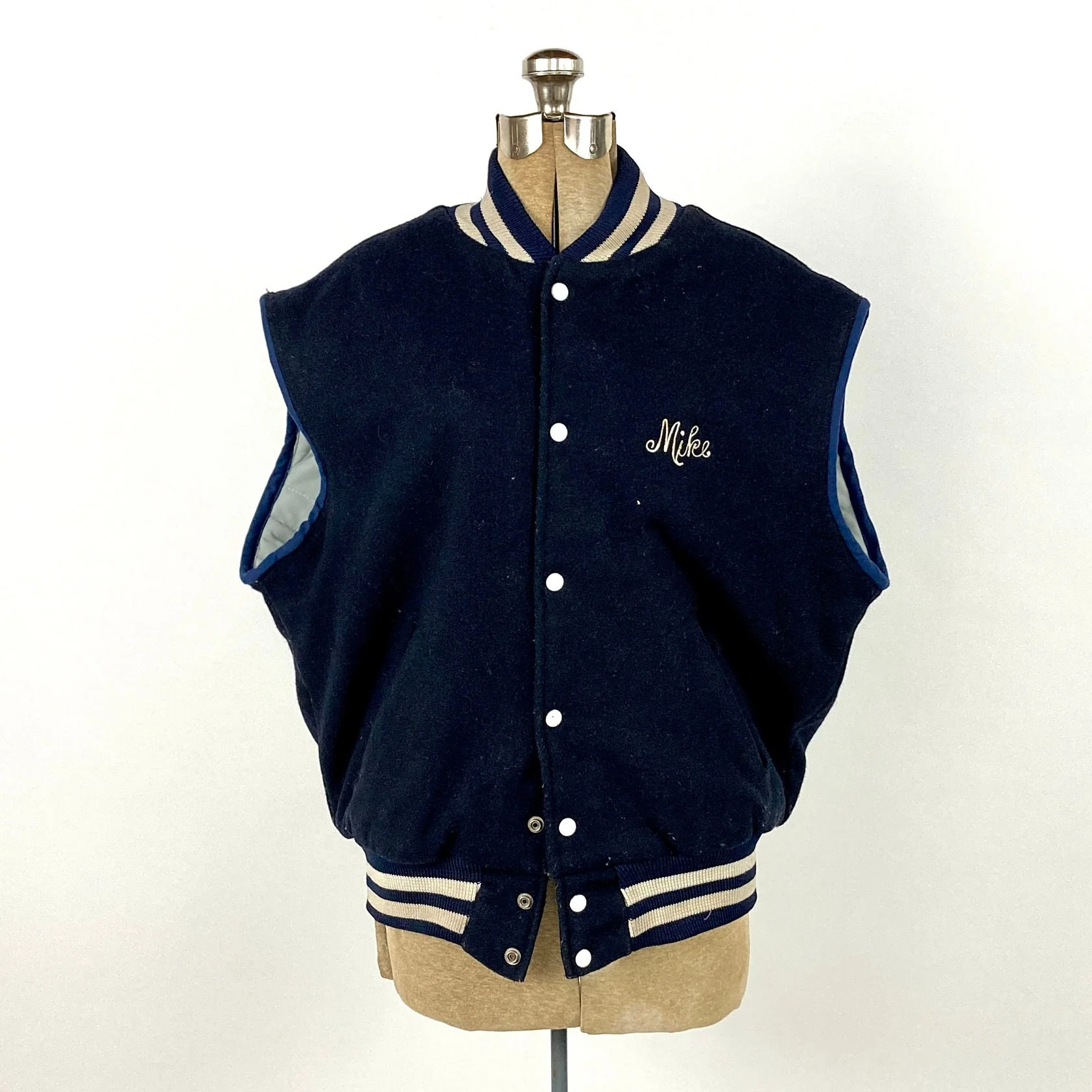 80s Navy Varsity Letterman Jacket Preppy Pockets Wool Snap Cardigan Vest St. Dominics School Basketball Empire Vintage Bomber Jacket by Empire - Image 8