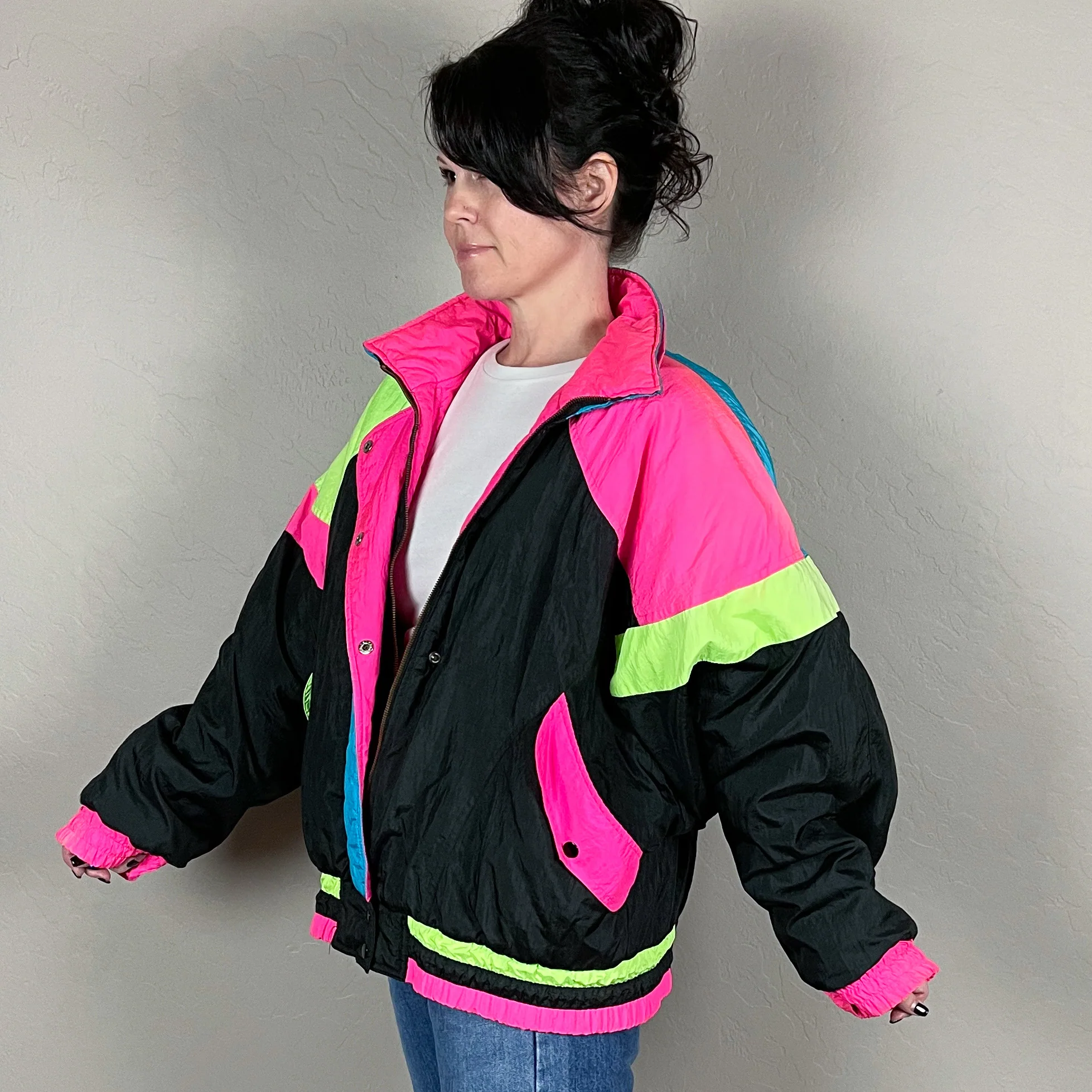 80s Neon Dolman Sleeve Winter Jacket By East West - Image 3