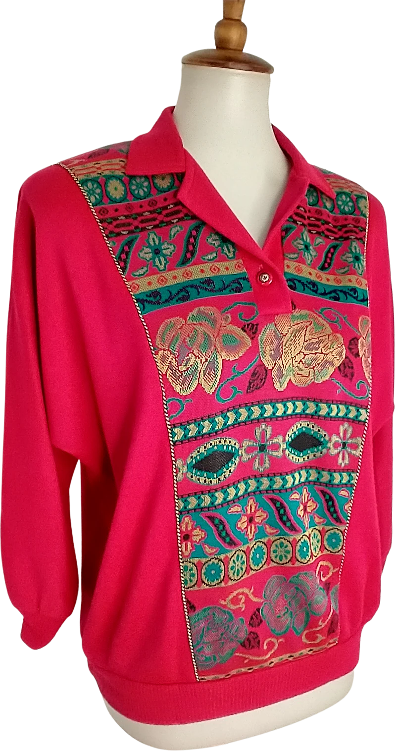 80s Neon Magenta And Gold Knit Top By Graff