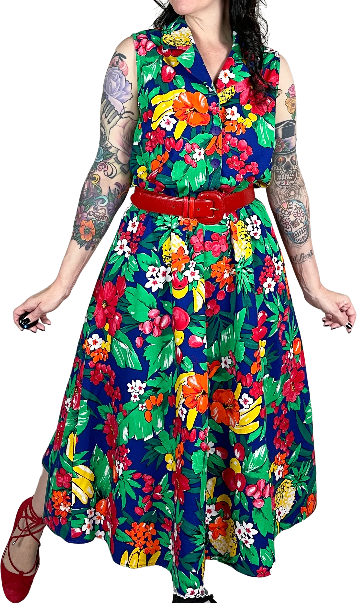 80s Novelty Fruit Print Sleeveless Midi Shirt Dress By Miss Dorby