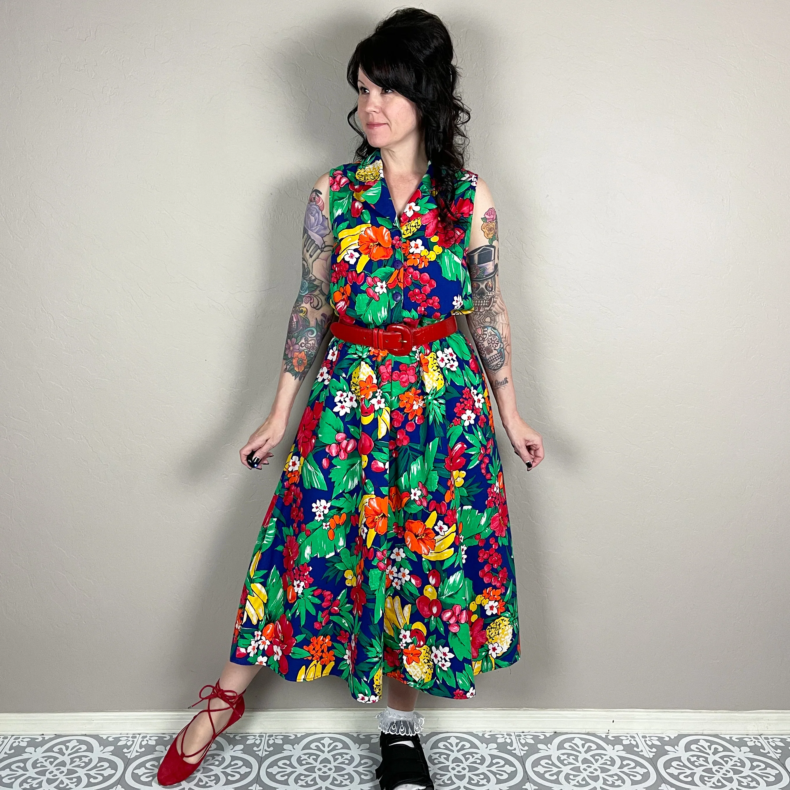 80s Novelty Fruit Print Sleeveless Midi Shirt Dress By Miss Dorby - Image 5