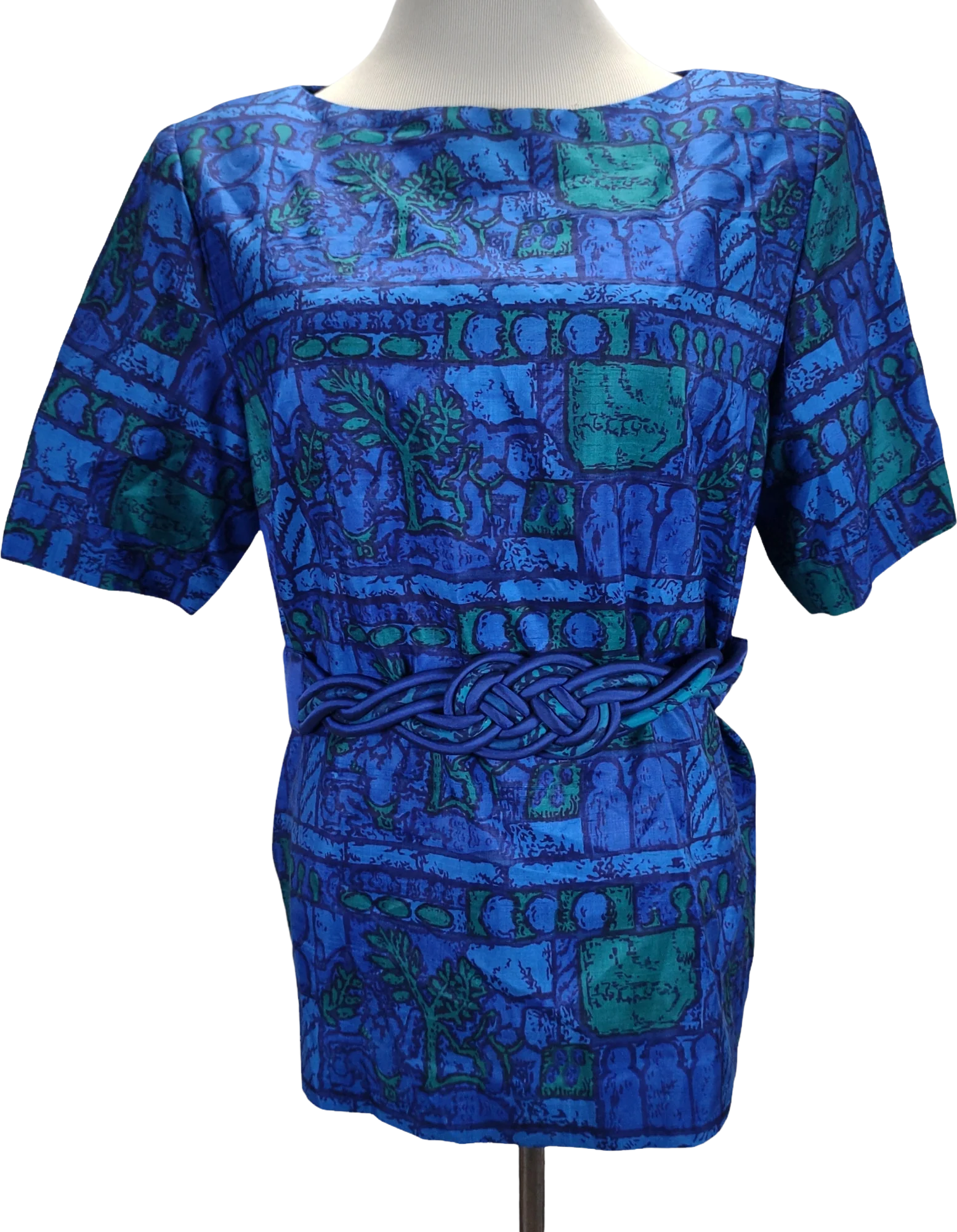 80s Novelty Print Belted Top Boxy Fit Boat Neck