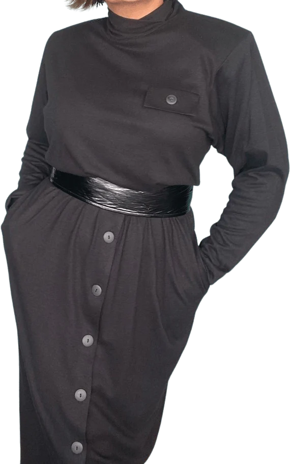 80s Nwt Button Front Black 80s Womens Shift Dress By Positive Attitudes / Made In Usa